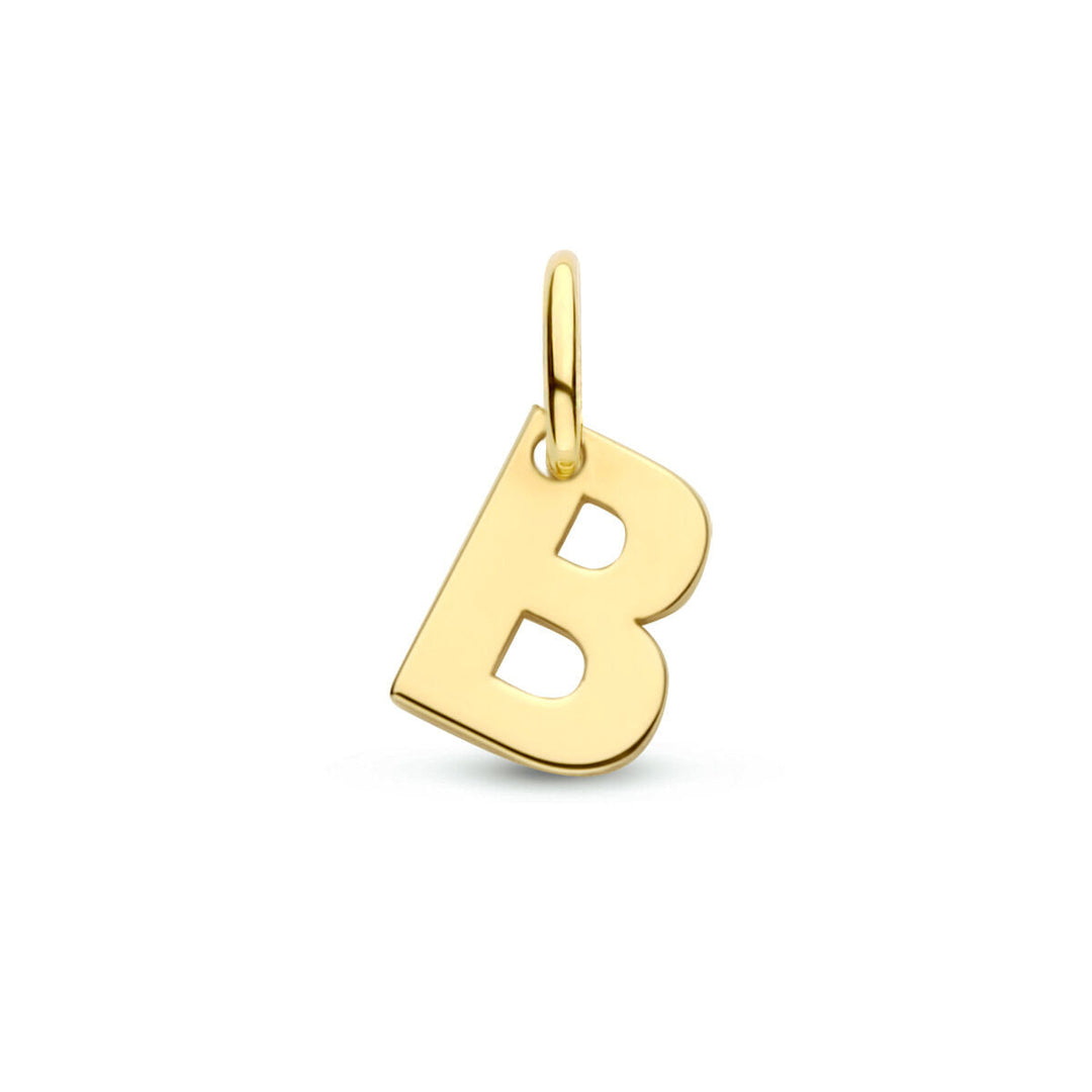 Een 14K geelgouden "B" hanger uit de Van der Kooij Collectie, voorzien van een kleine lus voor kettingbevestiging, onderdeel van de elegante letterhangers collectie, afgebeeld op een effen witte achtergrond.