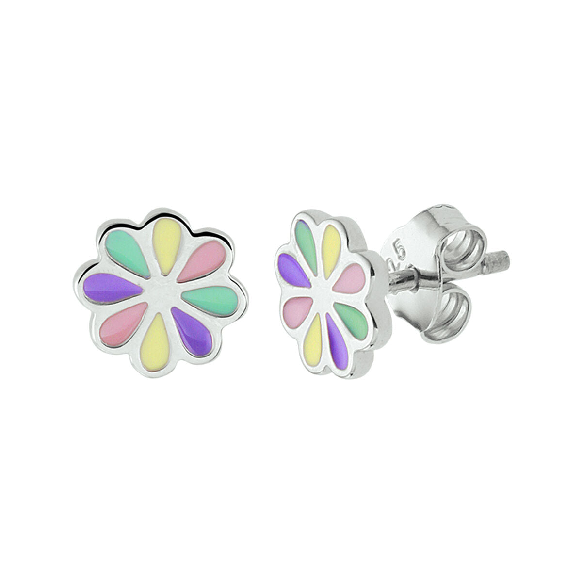 Pendientes de flor de plata rodiada con esmalte en colores pastel.