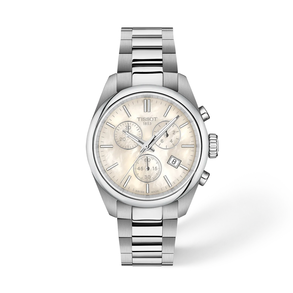 Reloj Tissot PR 100 de 36 mm con esfera plateada y correa de acero inoxidable.