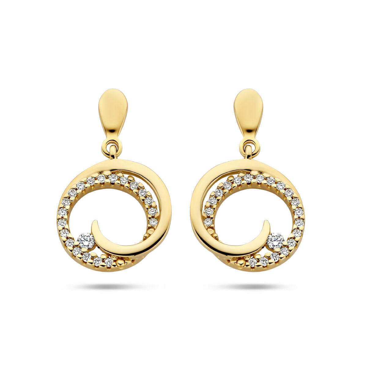Pendientes largos de oro amarillo de 14K con diseño en espiral y diamantes de 0.14 ct.