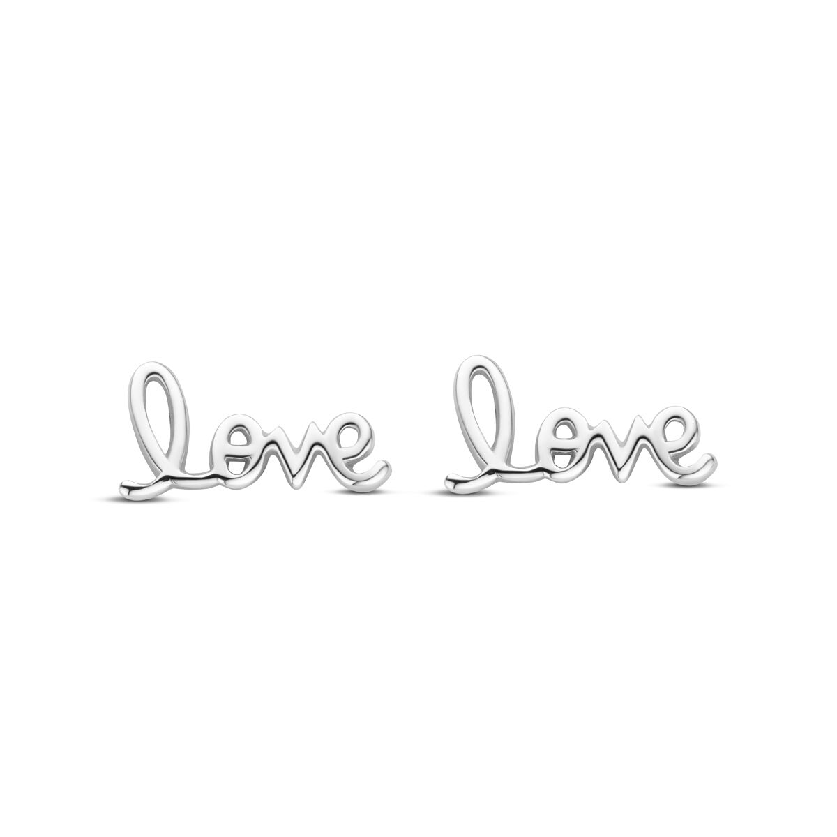 Pendientes de primera puesta en forma de la palabra "love", de plata rodiada, con un diseño delicado.