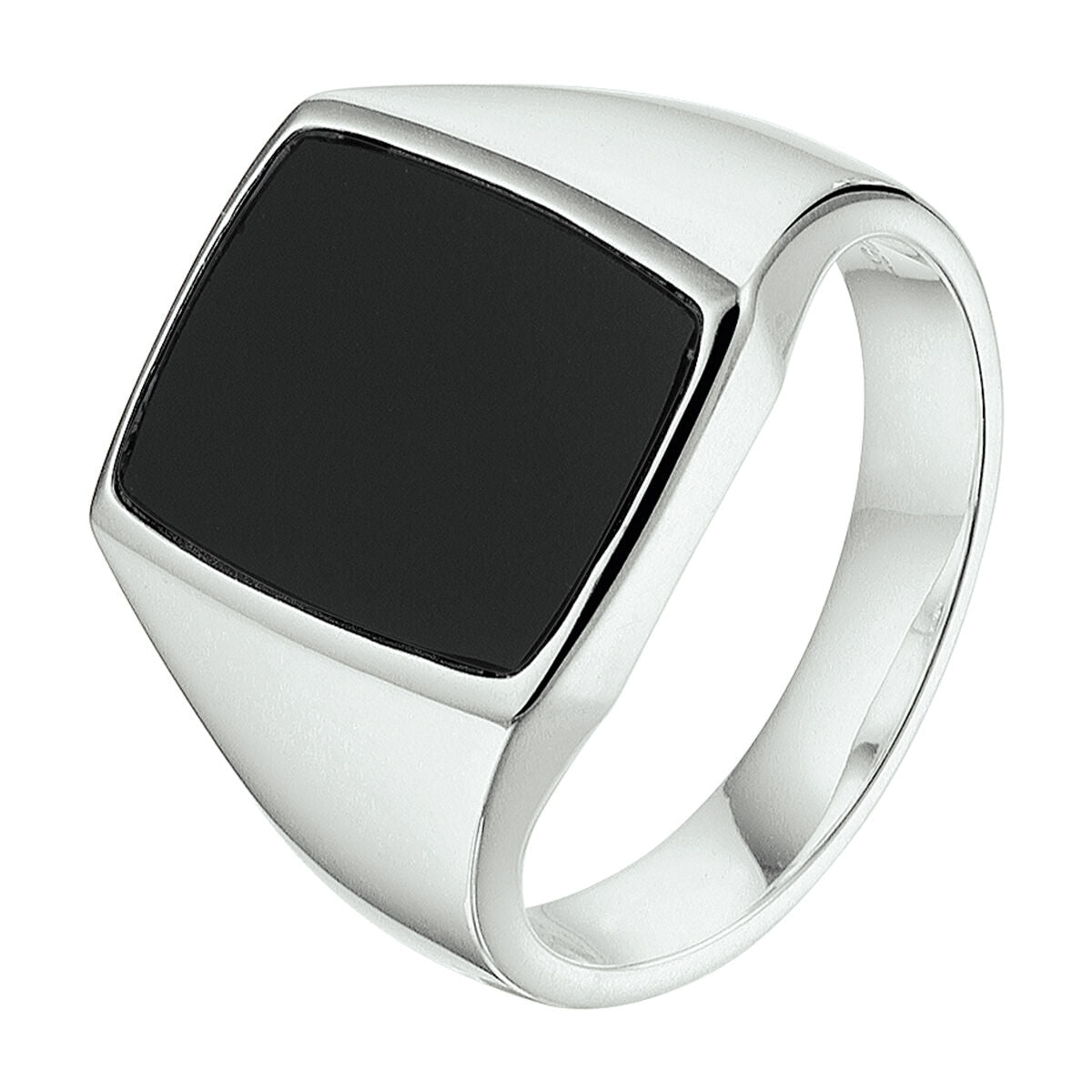 Anillo de sello de plata con ónix negro, de forma cuadrada y acabado brillante.