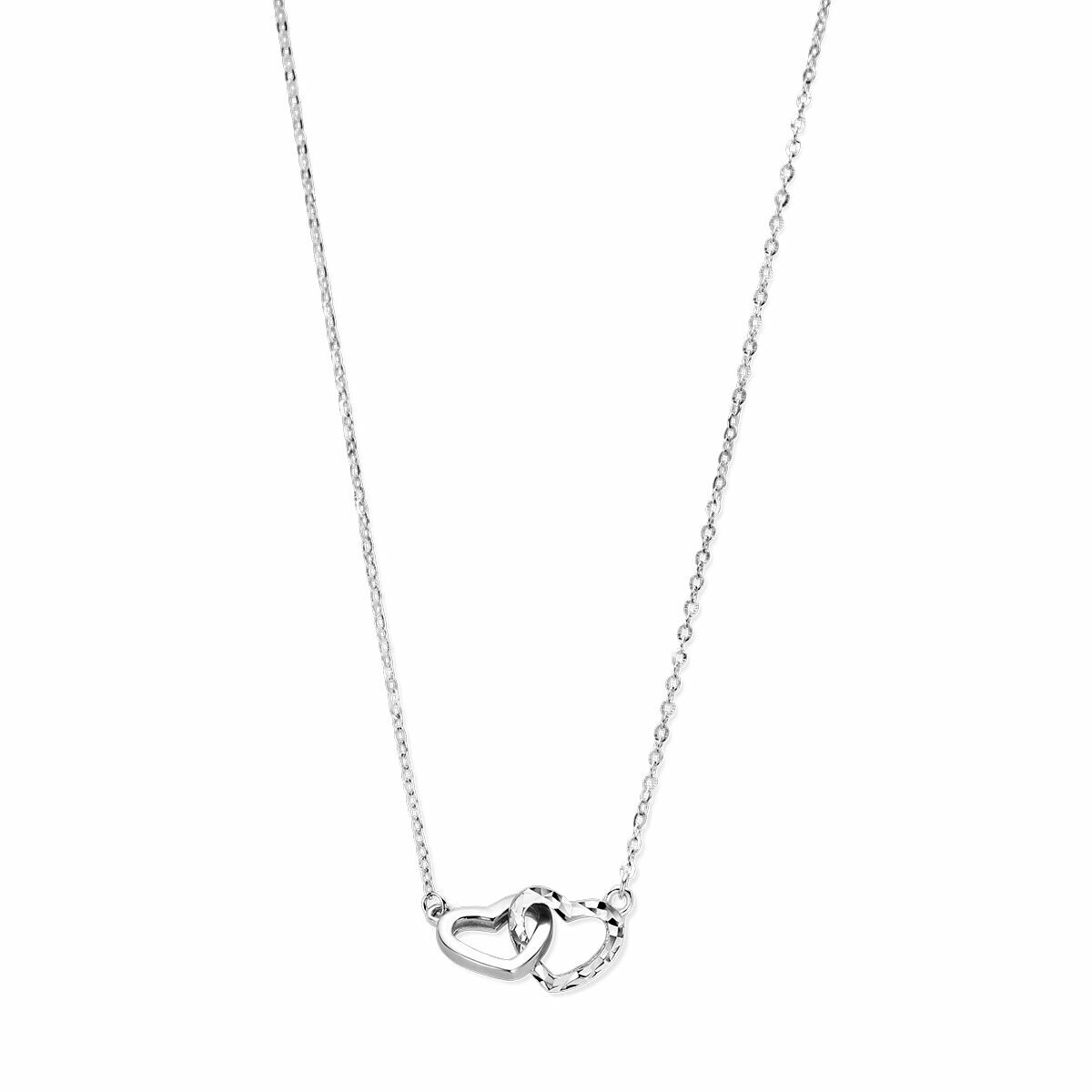 Collar de plata rodiada con dos corazones entrelazados y detalles diamantados, longitud 41 + 4 cm.