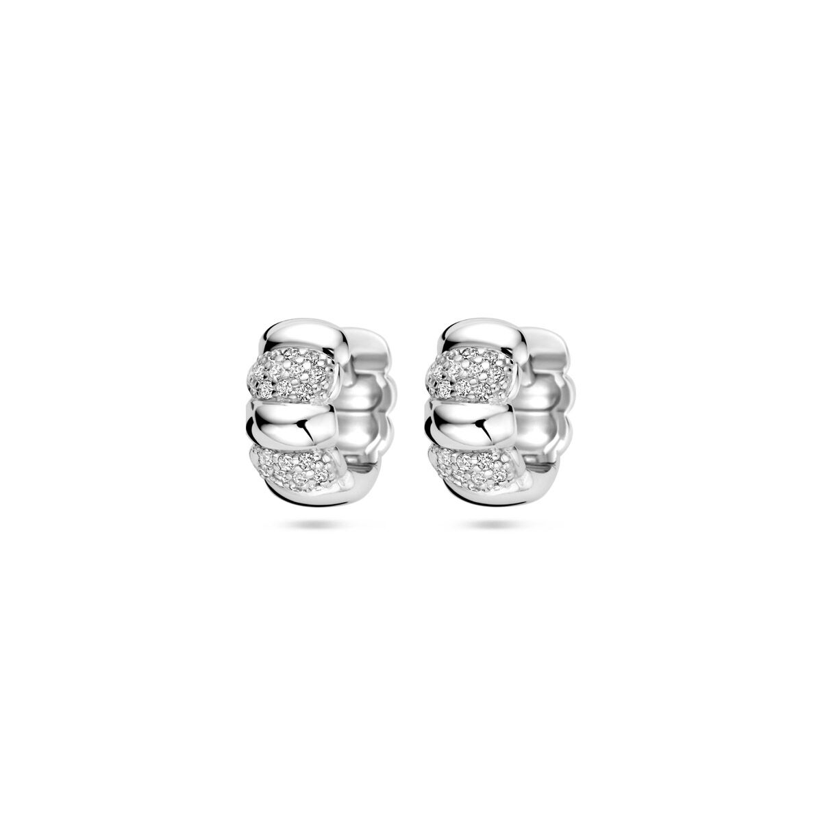 Pendientes de aro de plata rodiada con zircón, diseño de doble banda y 11 mm de diámetro.