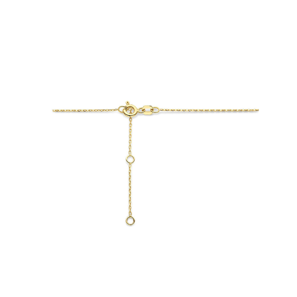 De Gouden dames ketting parel barok 14K van Van der Kooij Collectie is een delicate gouden ketting met een verstelbare lengte, geïnspireerd op kenmerkende stijlen en afgebeeld op een witte achtergrond.
