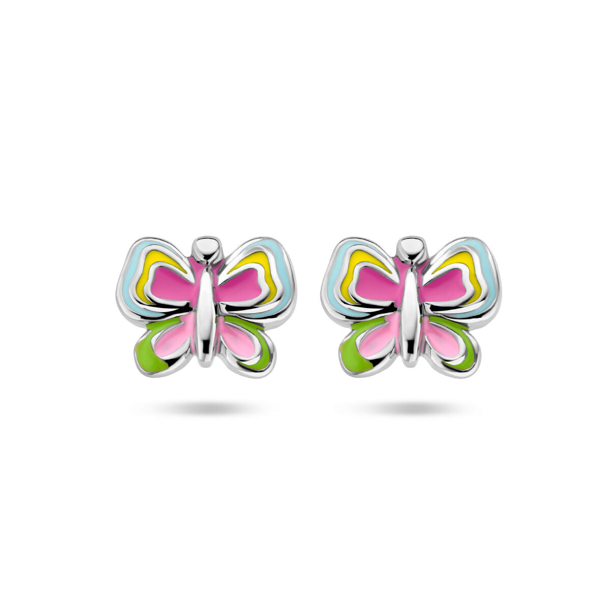 Pendientes de mariposa de plata con acabado rodiado y detalles en colores rosa, azul, amarillo y verde.