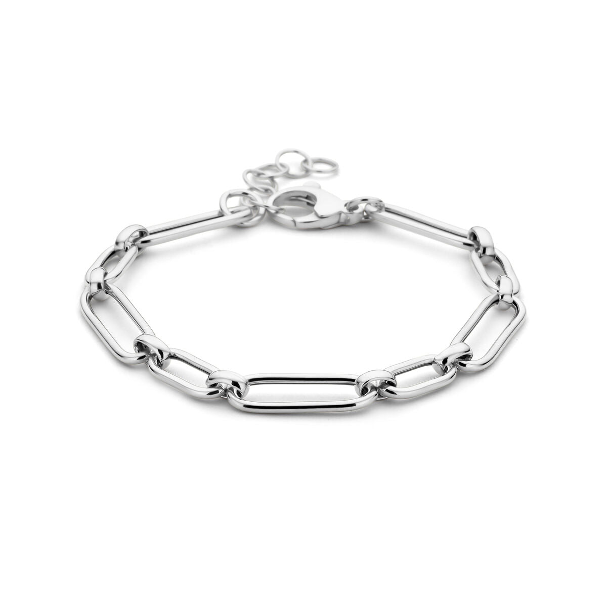 Pulsera de plata rhodinizada con eslabones alargados y cierre de langosta.