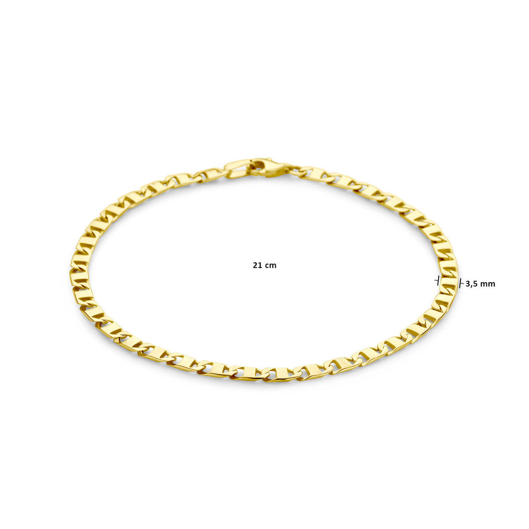 De Van der Kooij Collectie armband 3,5 mm 14K geelgoud heeft platte, rechthoekige ankerschakels en meet 21 cm lang bij 3,5 mm breed, afgebeeld op een witte achtergrond.