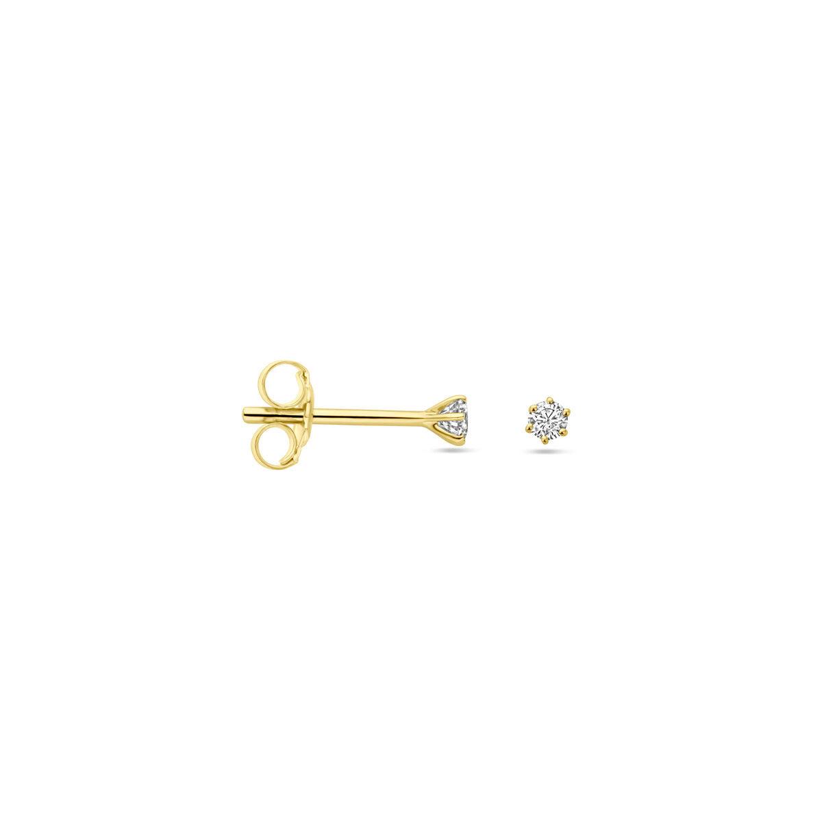 De Van der Kooij Collectie oorknoppen diamant H SI 14K geelgoud voor dames zijn voorzien van ronde, heldere diamanten in prong zettingen, getoond van de zijkant en voorkant op een effen witte achtergrond.