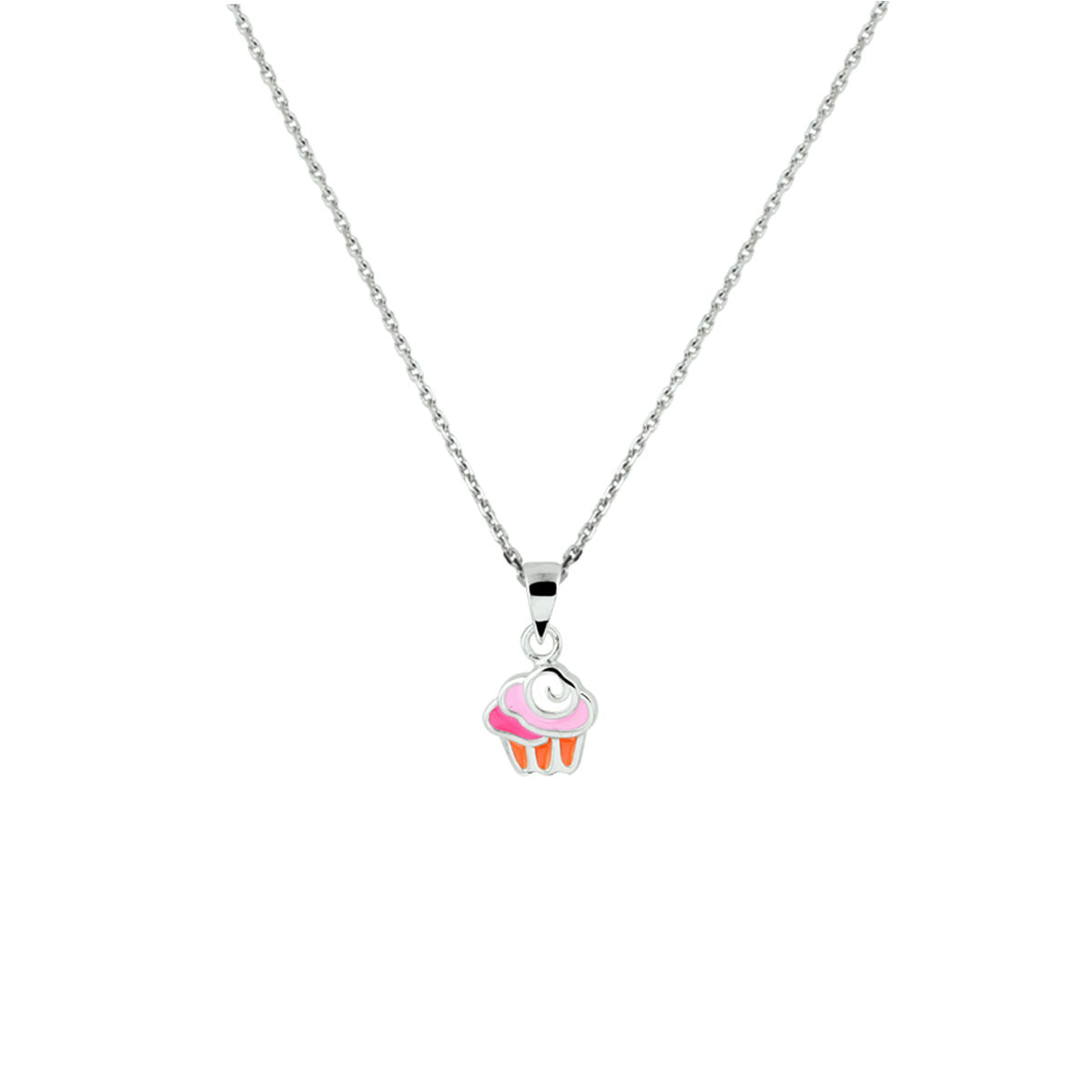 Collar de plata rodiada con colgante en forma de cupcake rosa y naranja.