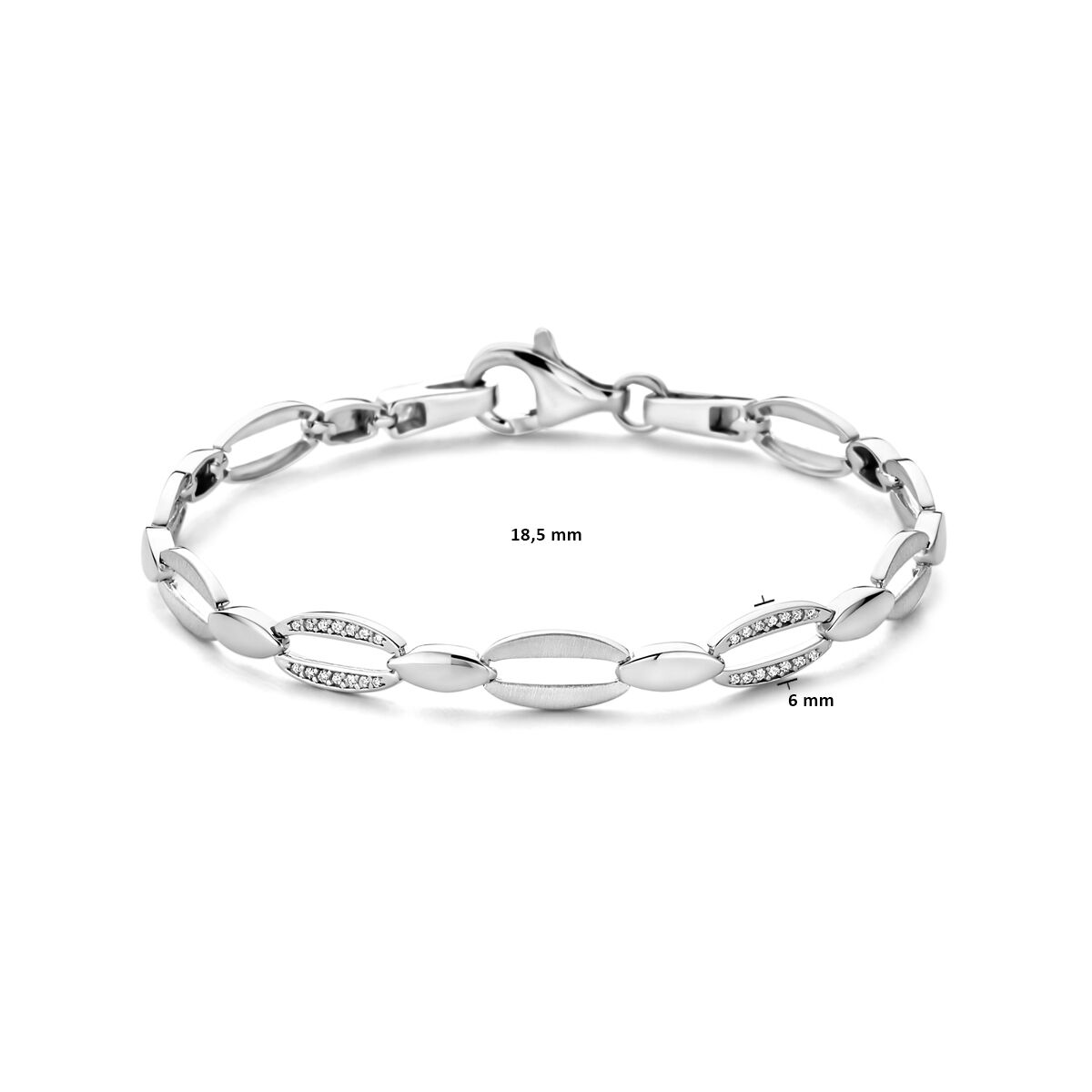 De Van der Kooij Collectie zilveren armband dames zirkonia poli/mat gerhodineerd heeft afwisselend ovale en rechthoekige schakels met zirkonia, 18,5 mm tussen de schakels, 6 mm breed, en een stevige karabijnsluiting-ideaal als armband bruid.