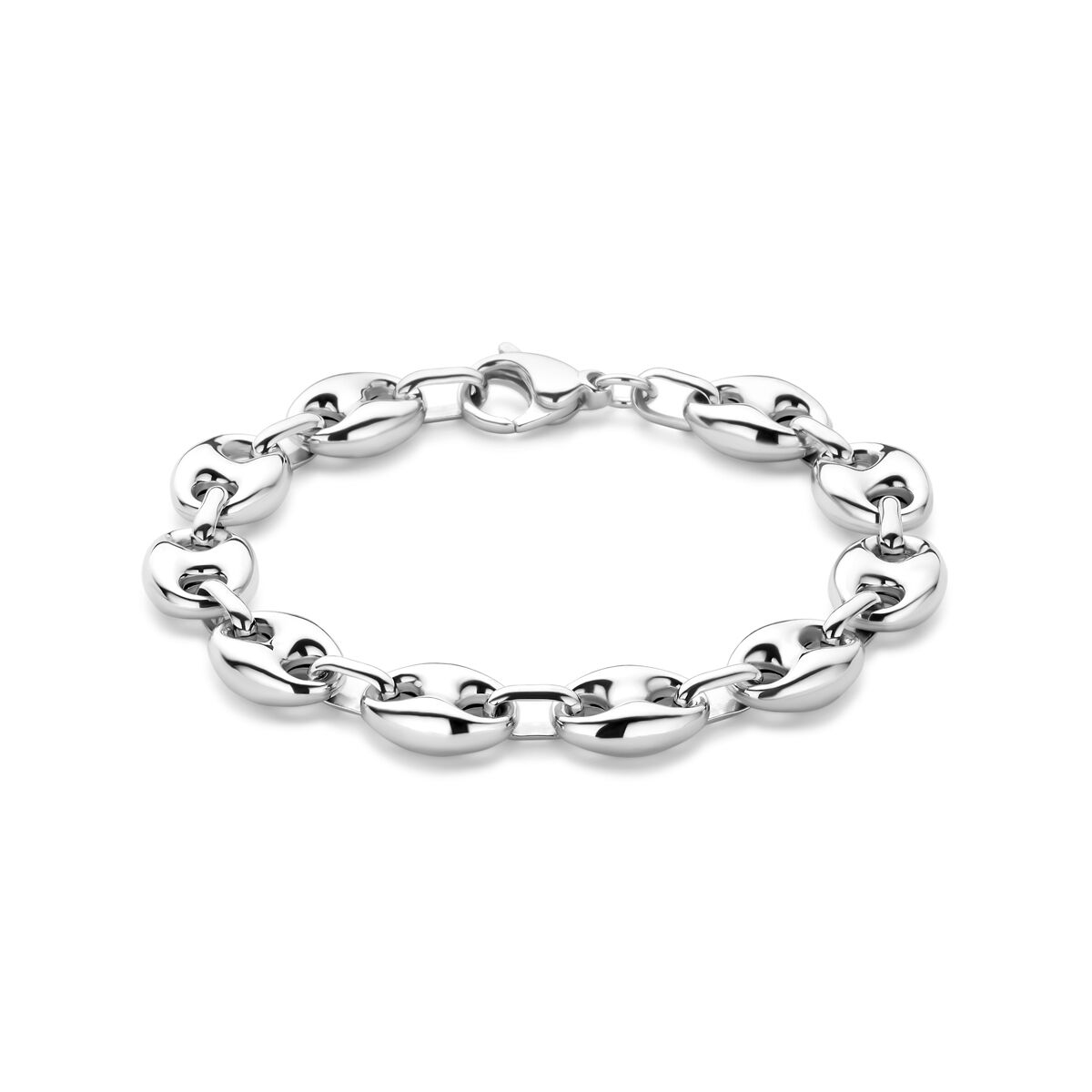 Pulsera de eslabones en forma de grano de café, de 20 cm, en plata rodiada.