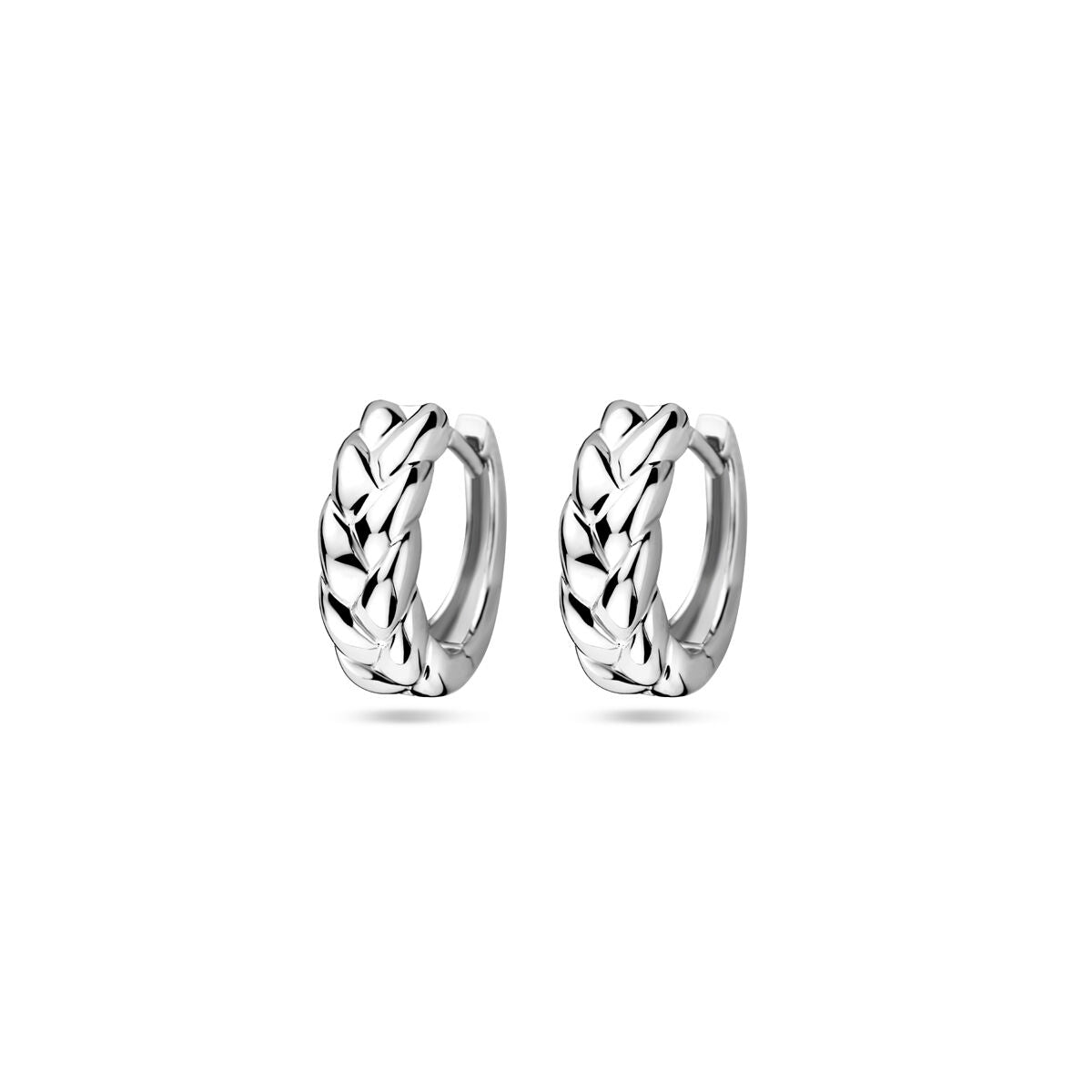 Pendientes de aro de 12,5 mm en plata rodiada con diseño trenzado.