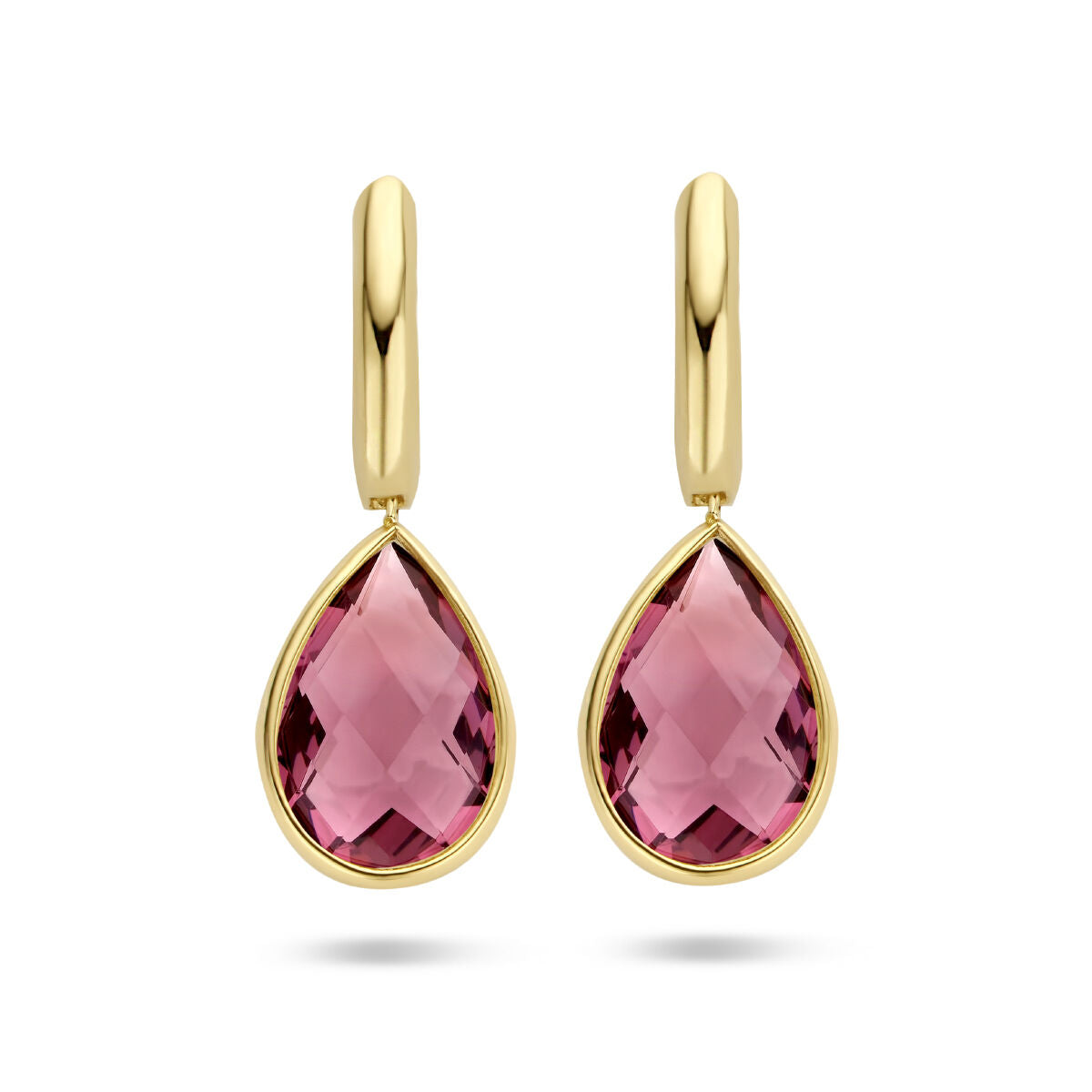 Pendientes de aro en oro amarillo de 14K con cuarzo rodocrosita en forma de gota.