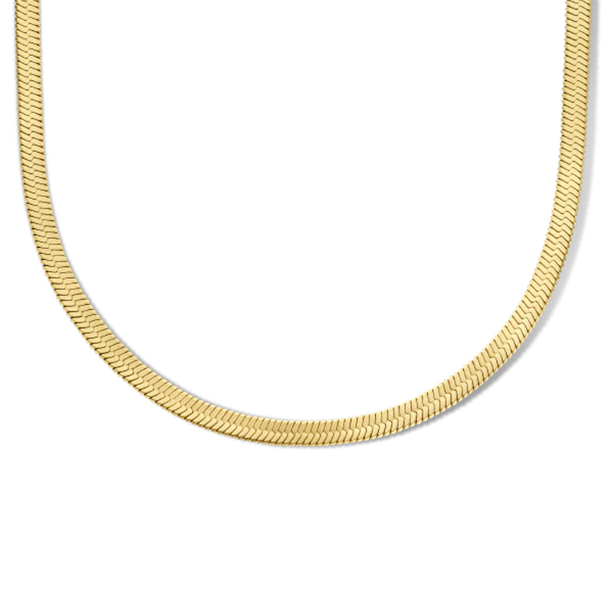 Collar de acero inoxidable con ion plating dorado, diseño plano de 4,2 mm y longitud ajustable de 42 + 4 cm.