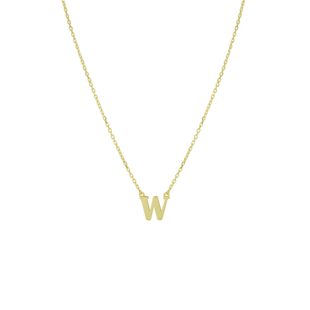 De Gouden dames ketting letter 14K van Van der Kooij Collectie is een verfijnd 14k geelgouden collier met gepersonaliseerde letter W, ideaal als damescadeau. Afgebeeld op een eenvoudige witte achtergrond.