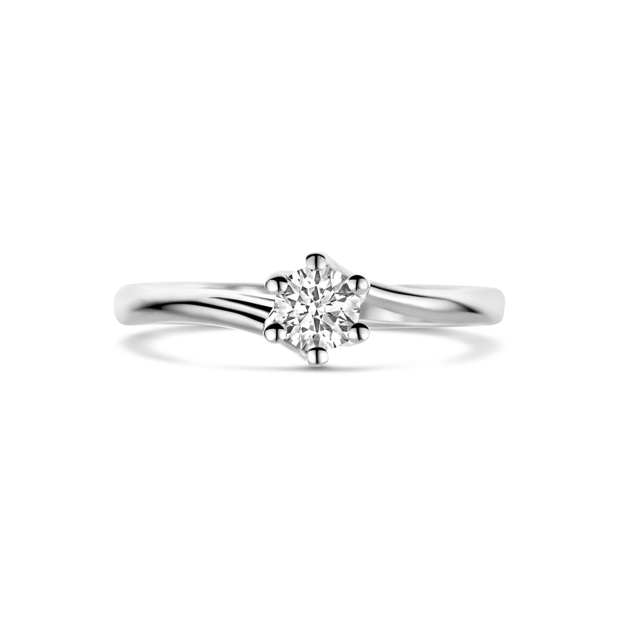Een stijlvolle Van der Kooij Collectie ring lab grown diamant 0.30ct g vs, gezet in 14K witgoud met zes pootjes, schitterend weergegeven tegen een witte achtergrond.