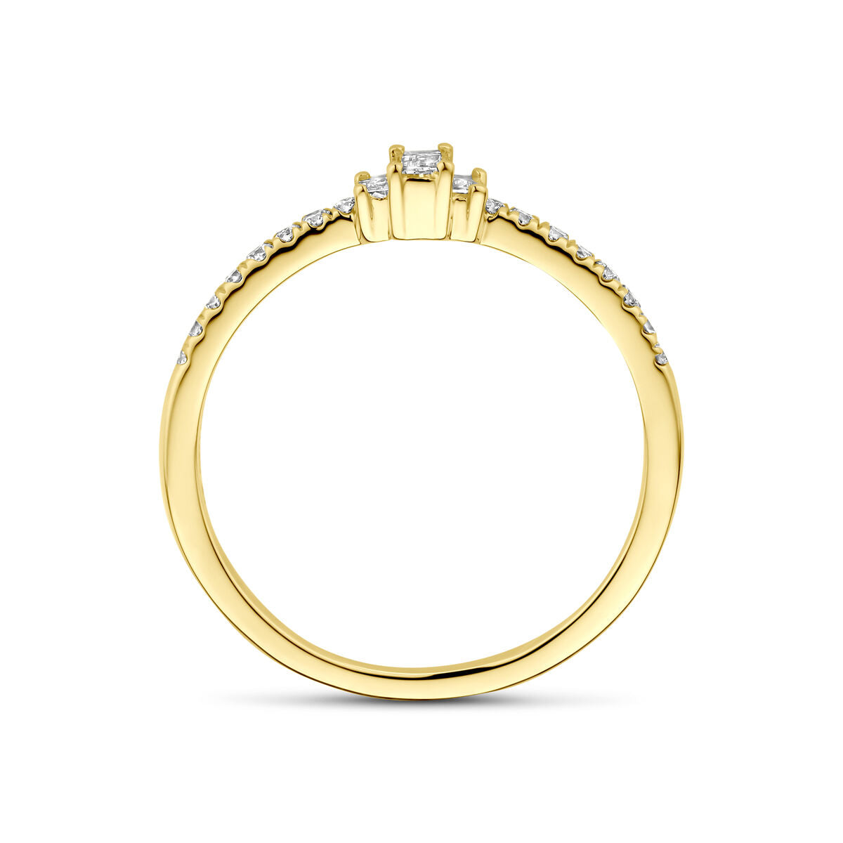 De Van der Kooij Collectie ring lab grown diamant 0,21ct h si 14K geelgoud heeft een enkele verhoogde lab-grown diamant in een prongzetting, met extra diamanten gezet langs de bovenste helft van de geelgouden band.
