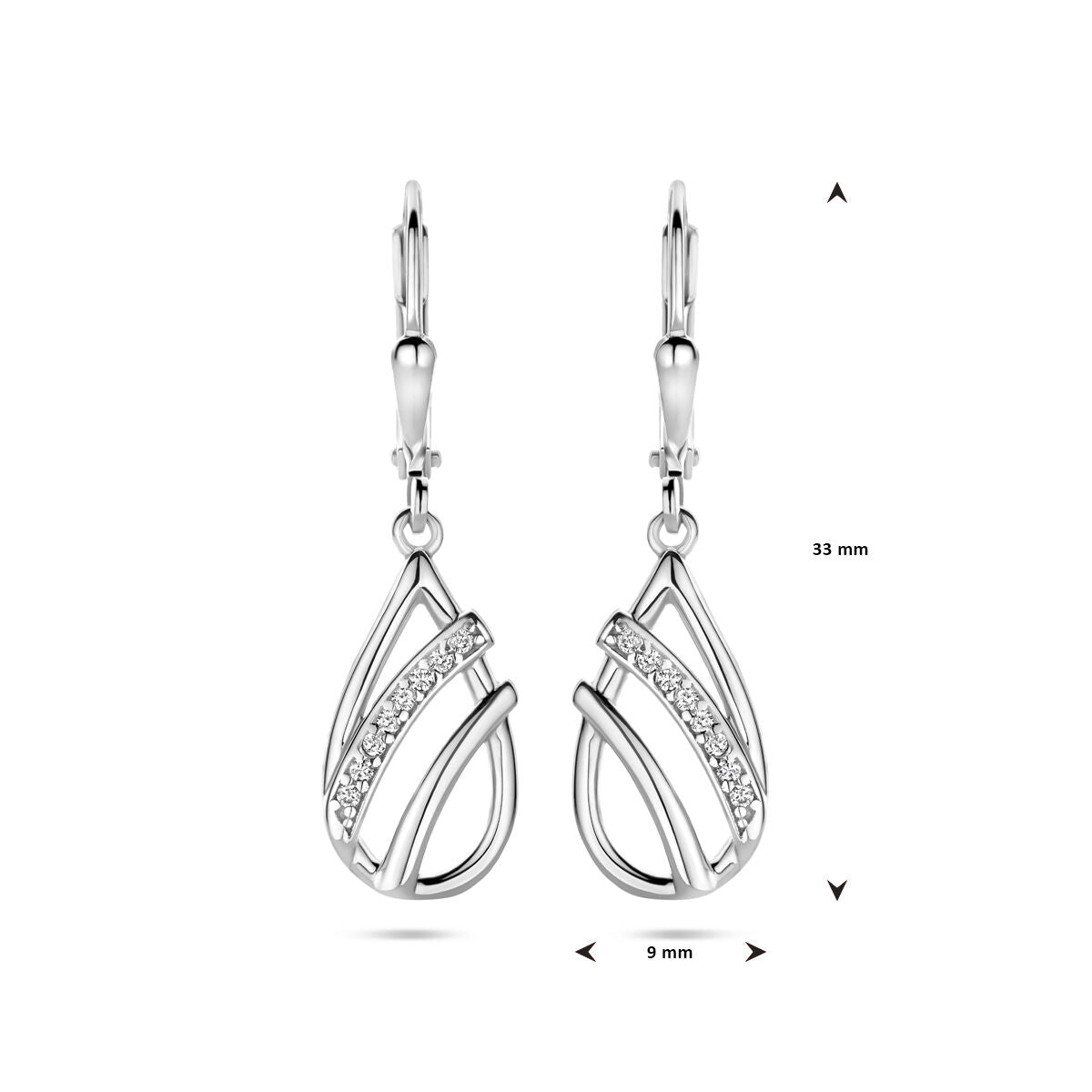 pendientes gota de circonita con gancho brisur 33 mm plata rodiada