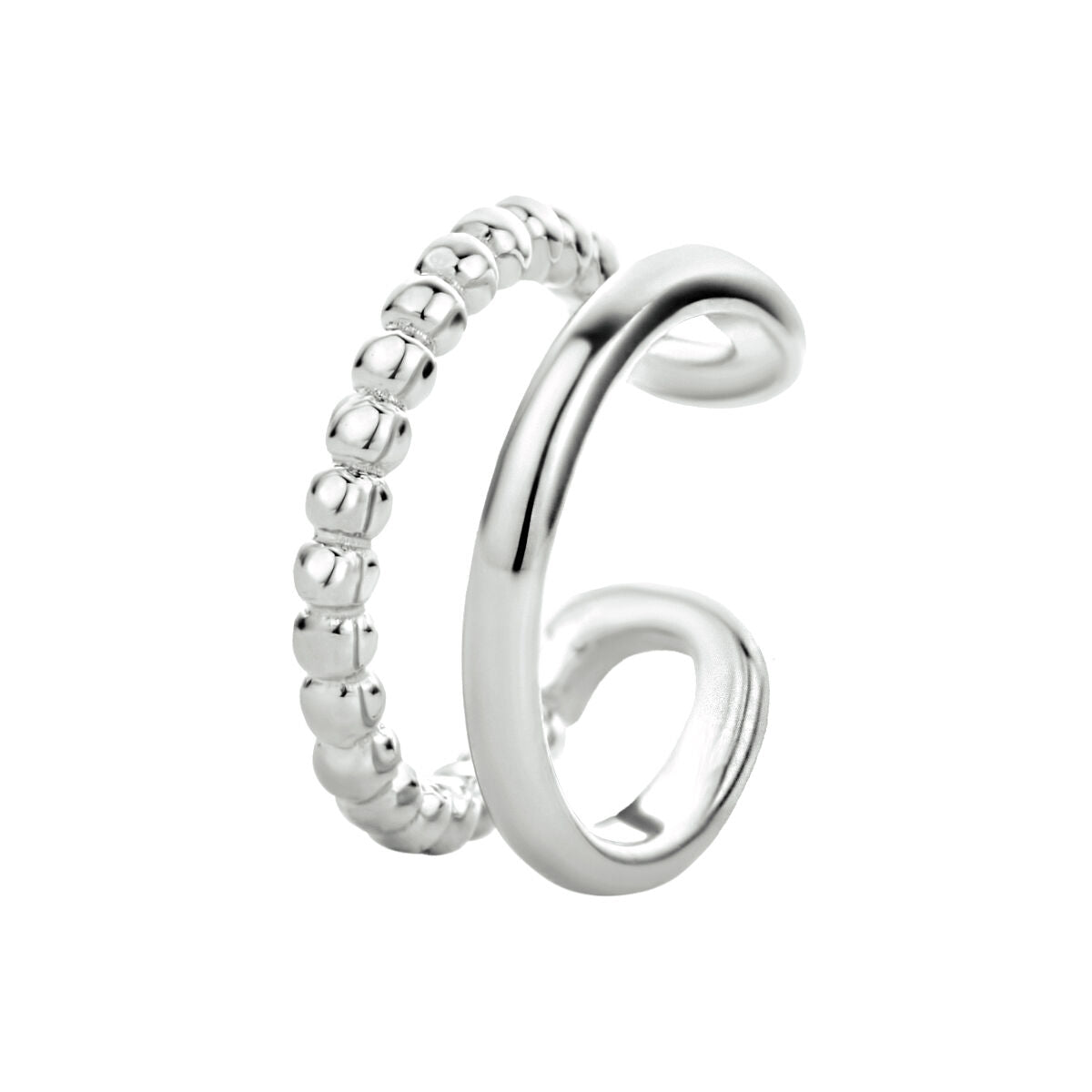 Ear cuff de plata rodiada con un diseño liso y otro con bolitas.