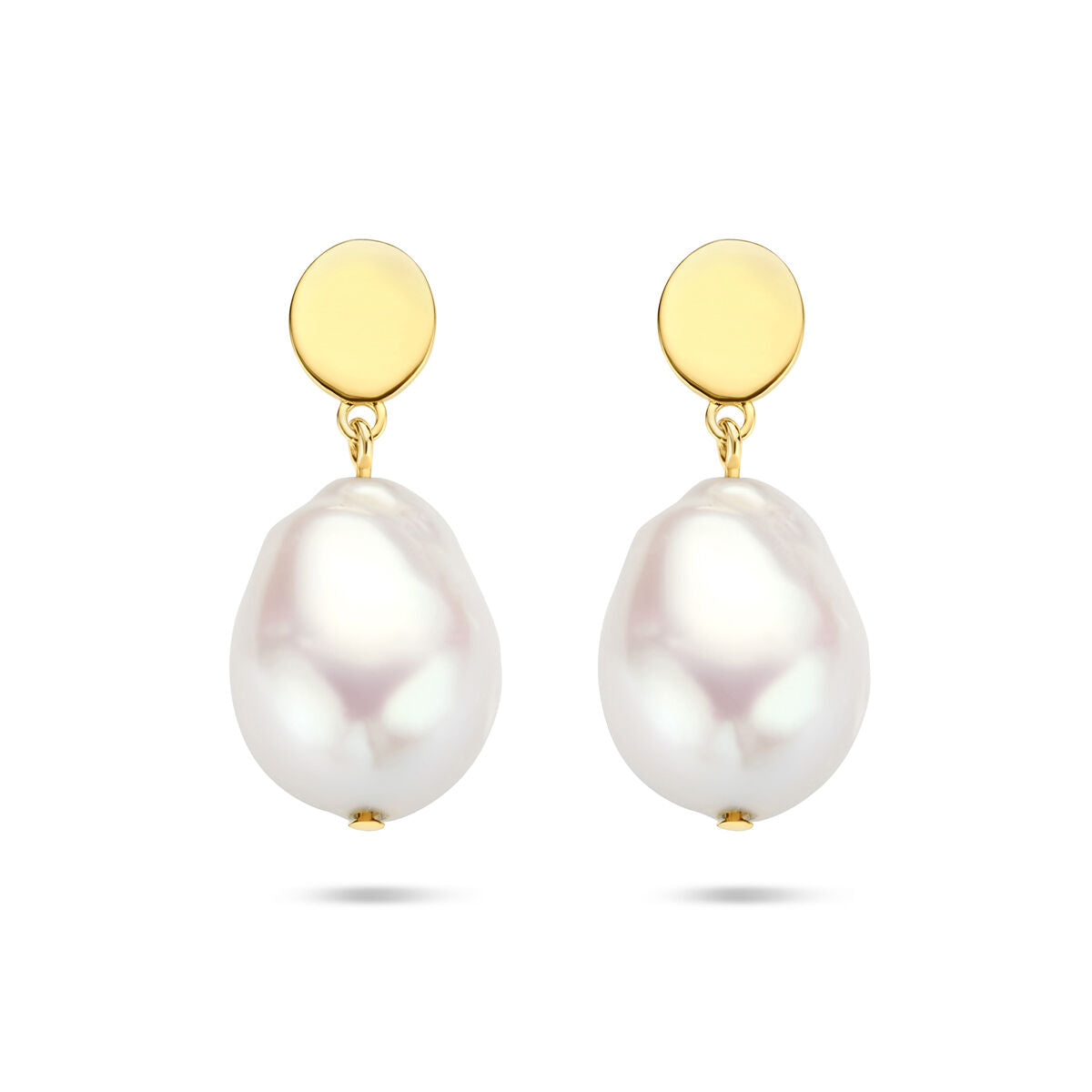 Pendientes largos de perla barroca en oro amarillo de 14 quilates.