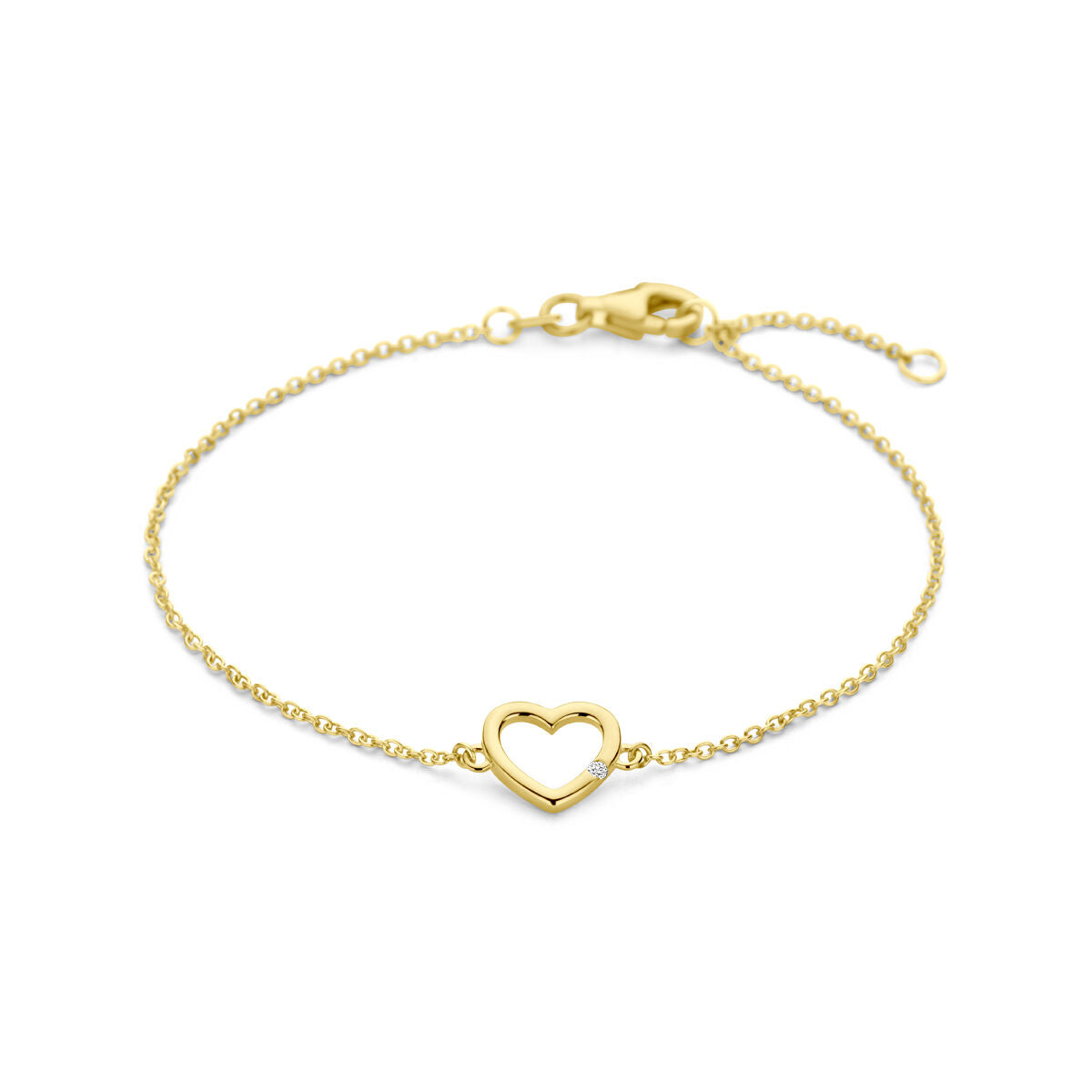 Pulsera dorada de 14K con un colgante en forma de corazón y un diamante.