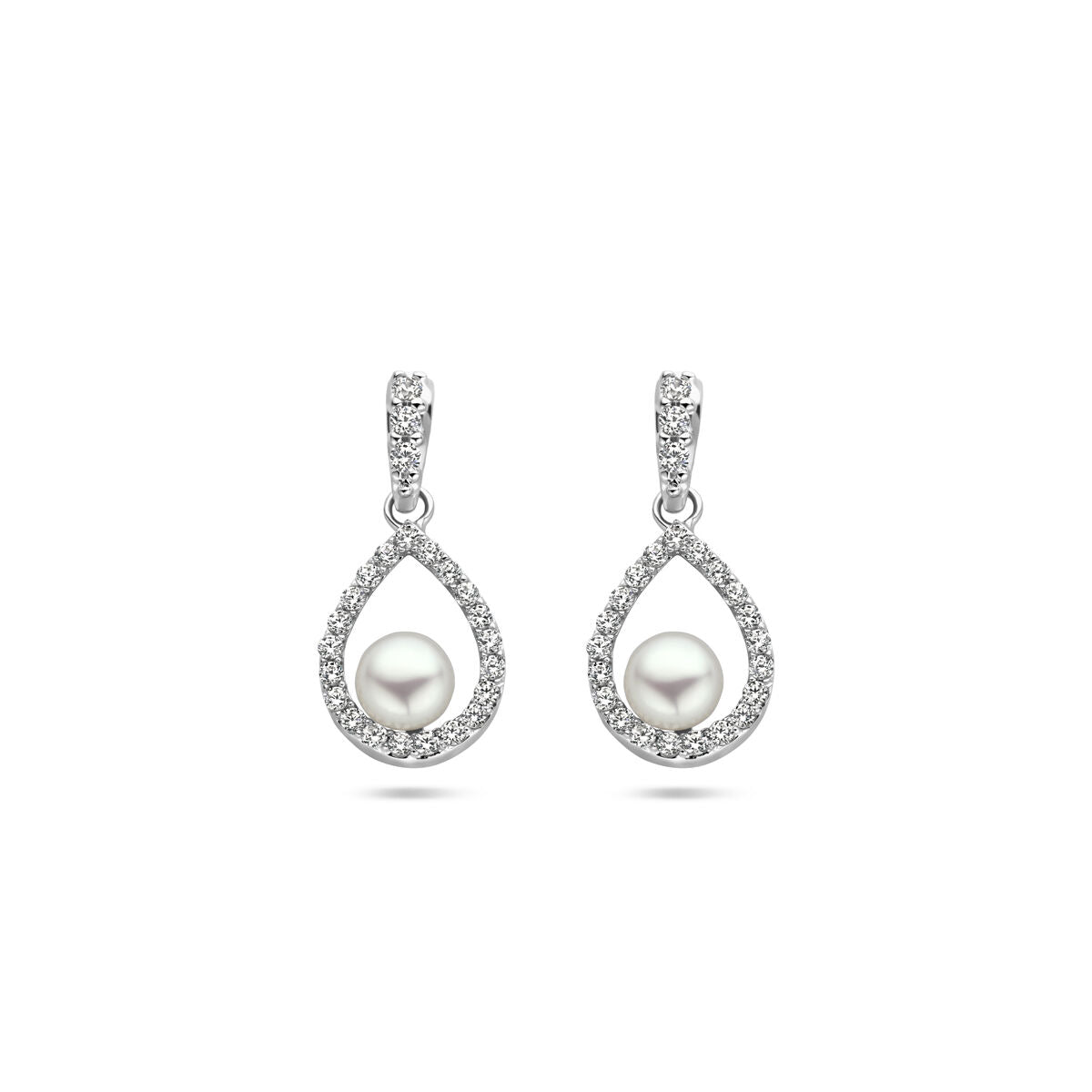 Pendientes largos de plata rodiada con perla y circonitas en forma de gota.