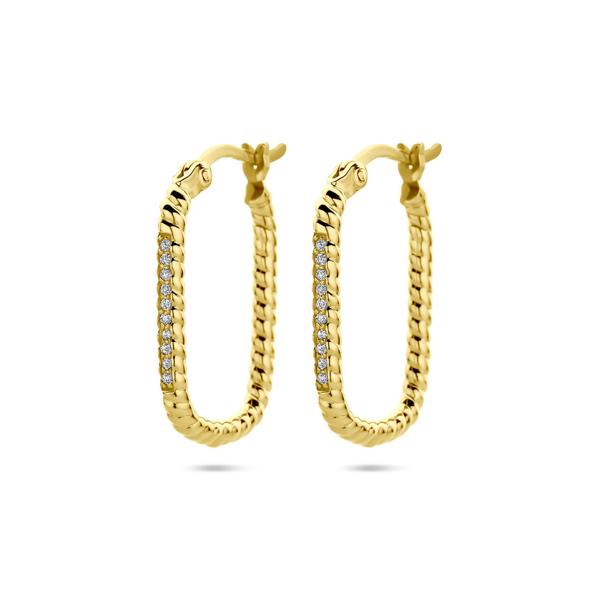 Aros de oro amarillo con zircón, diseño trenzado y detalles brillantes.