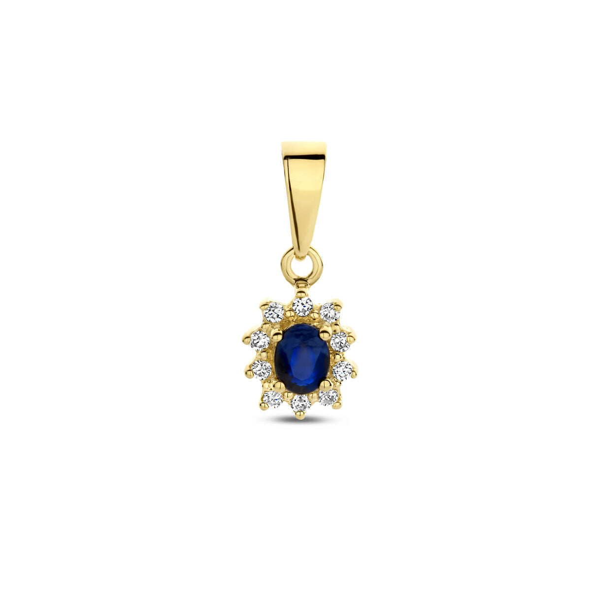 Colgante de oro amarillo de 14K con zafiro ovalado y diamantes en forma de halo.
