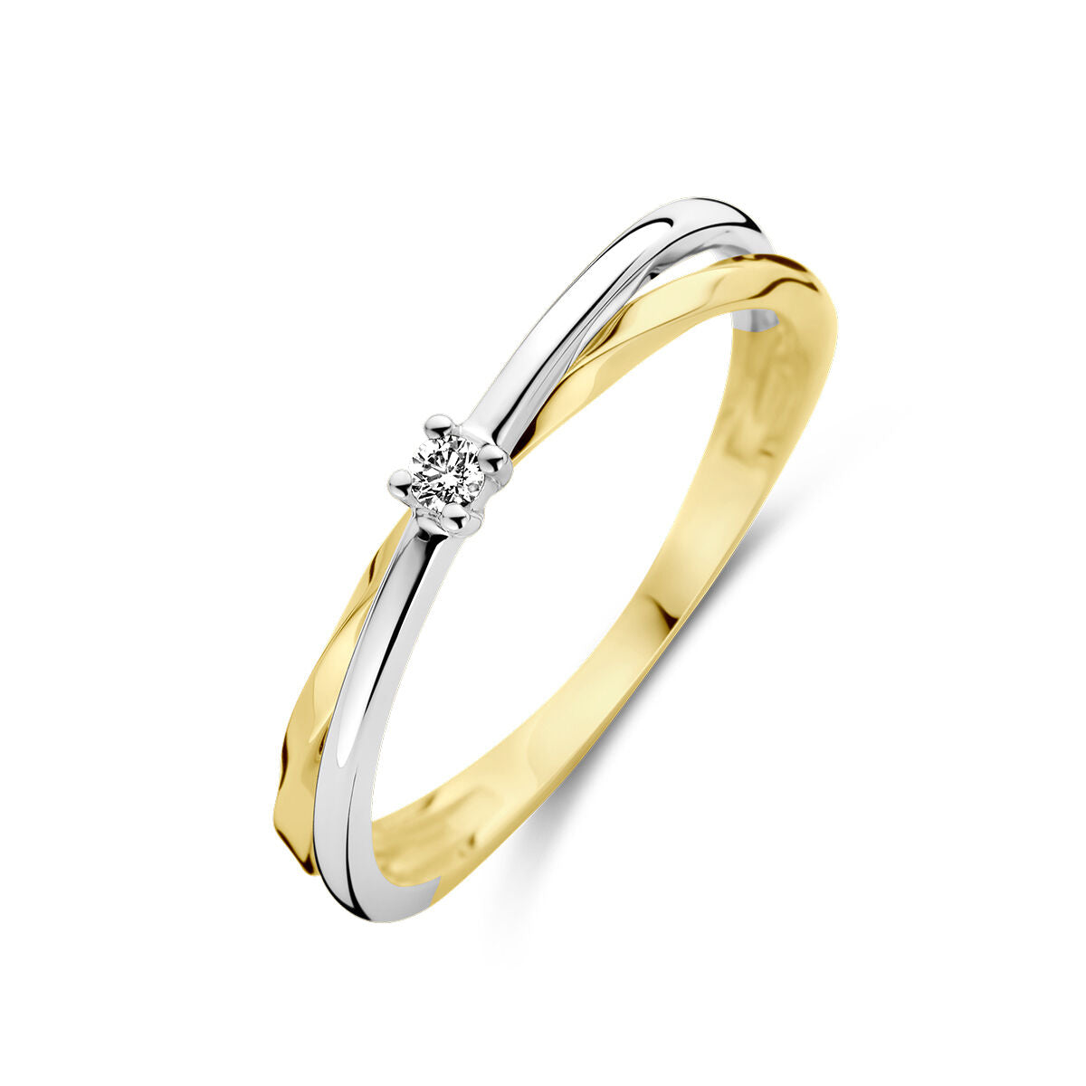 Anillo bicolor de oro amarillo y blanco con diamante de 0.03 ct.