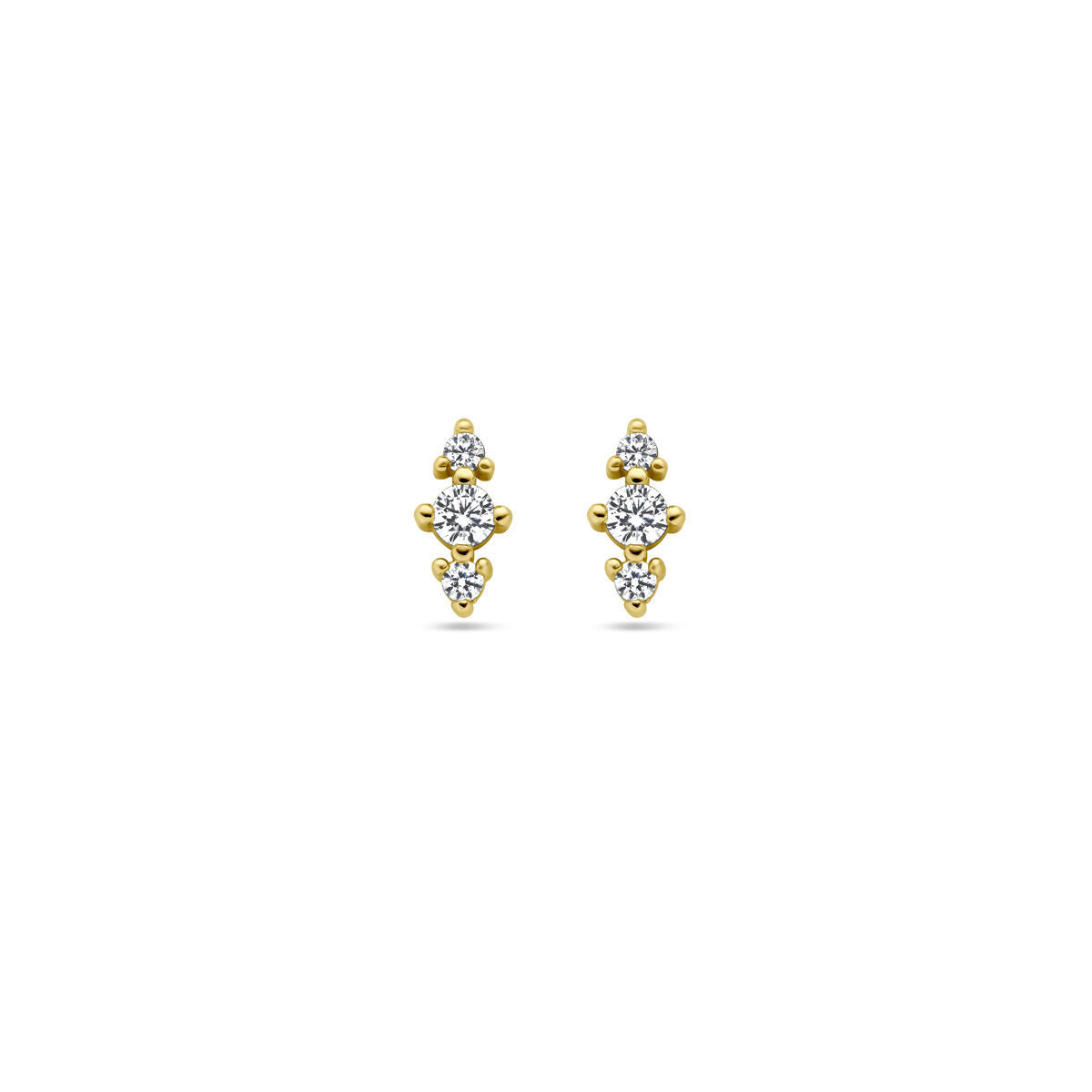 Pendientes de zircón en plata dorada de 1 micrón, con tres piedras brillantes en forma de gota.