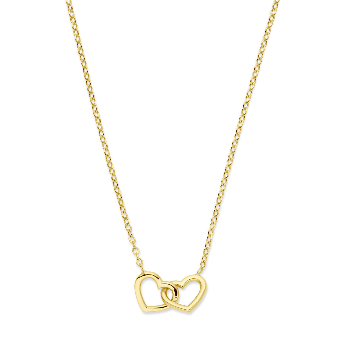 Cadena dorada de 14K con dos corazones entrelazados.