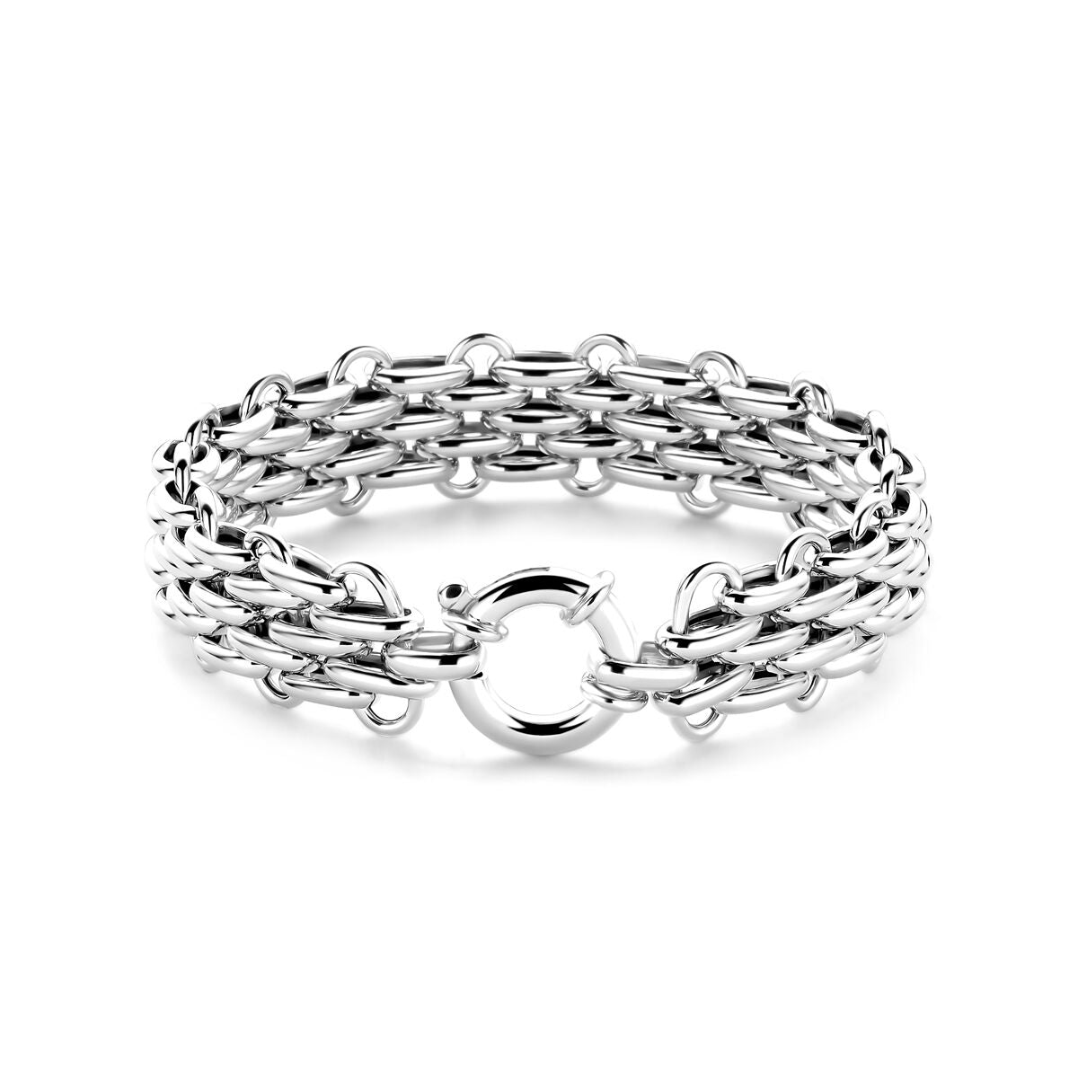 Pulsera de plata con cierre grande de 16,5 mm y longitud de 19,5 cm, con acabado rodiado.