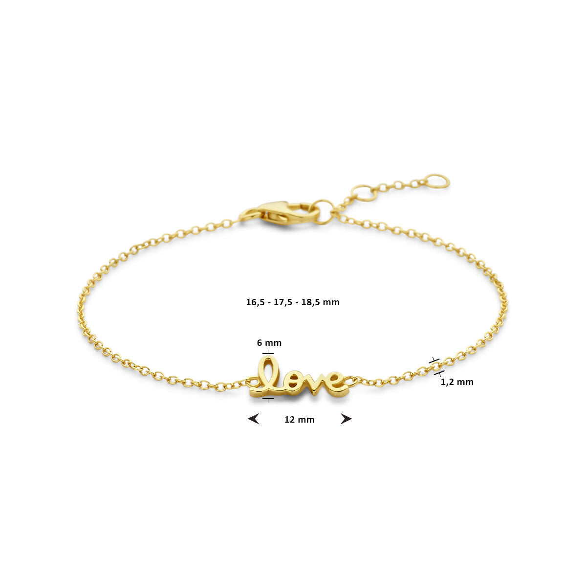 pulsera love 16,5 - 17,5 - 18,5 cm 3 micron plata chapado en oro amarillo
