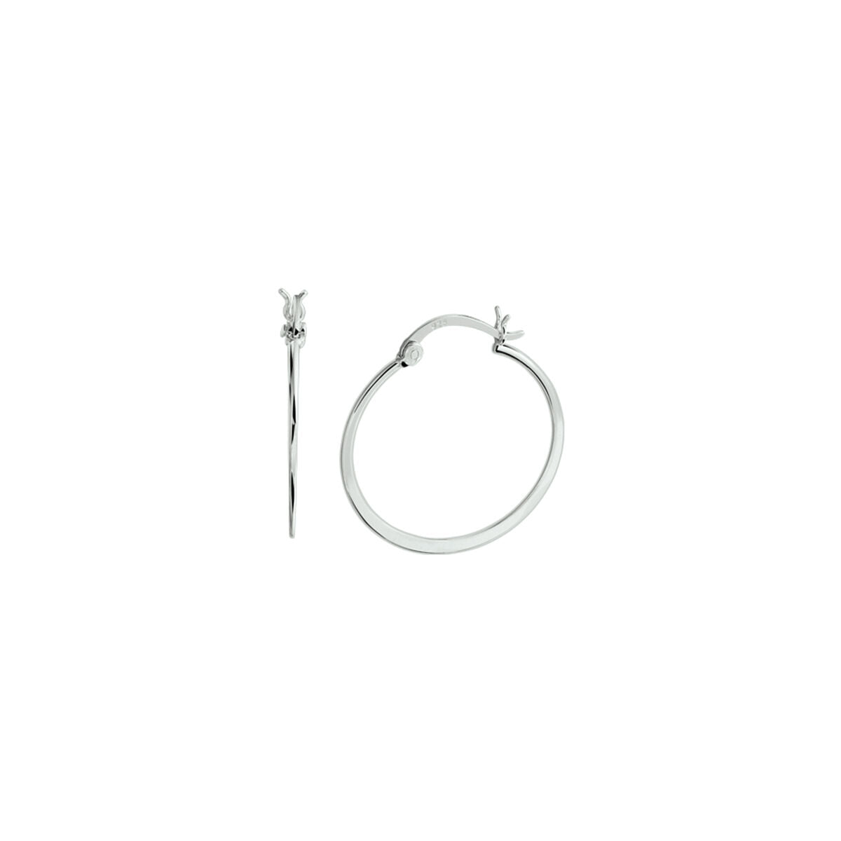 Aros de plata rhodium con cierre de bisagra, de forma circular y acabado brillante.