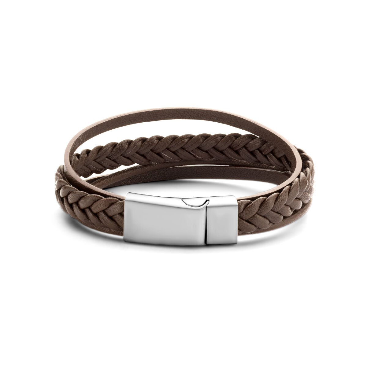 Pulsera de cuero marrón trenzado de 12 mm con cierre de acero inoxidable.