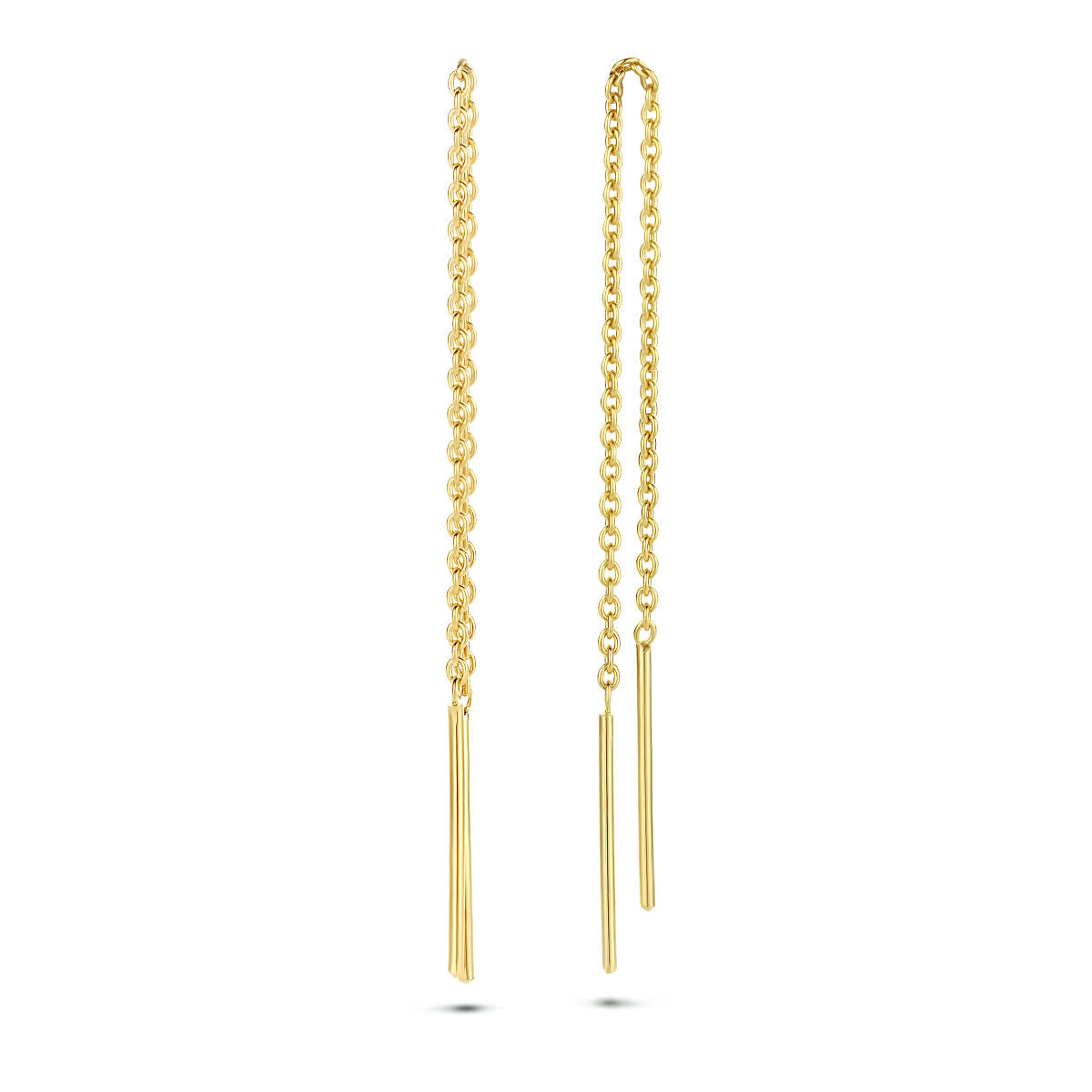 Pendientes largos de oro amarillo con barra y cadena.