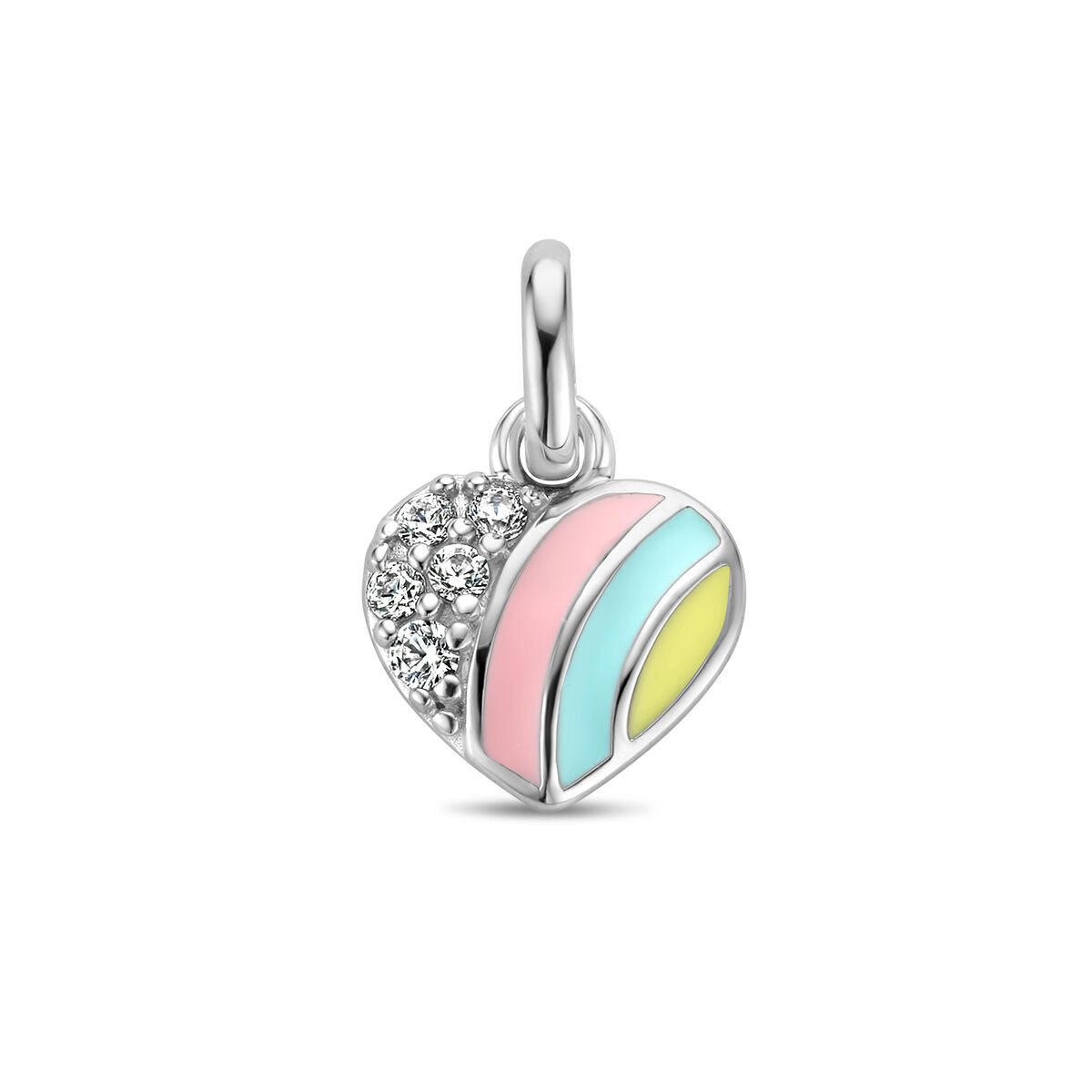 Colgante en forma de corazón con zircón y esmalte en colores pastel, acabado en plata rodiada.