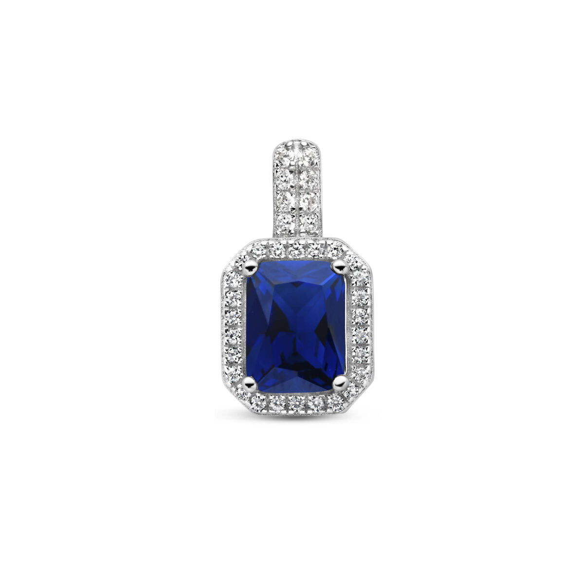 Colgante de zircón azul y blanco con halo en plata rodiada, forma octagonal.