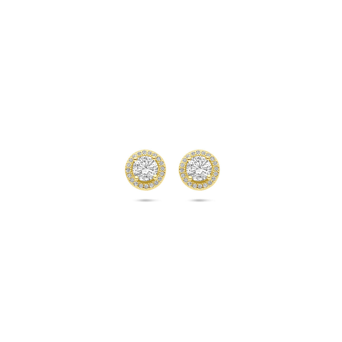 Pendientes de halo de zirconia de 9 mm con baño de plata dorada.