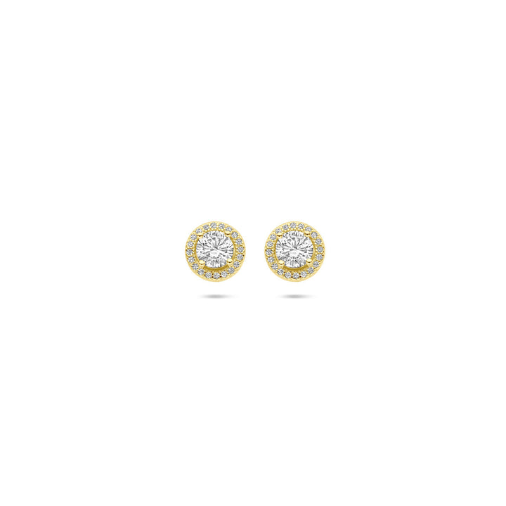 Van der Kooij Collectie oorknoppen zirkonia halo 9 mm, 1 micron zilver verguld (geel), elegante dames sieraad op een witte achtergrond-perfect voor elke gelegenheid.