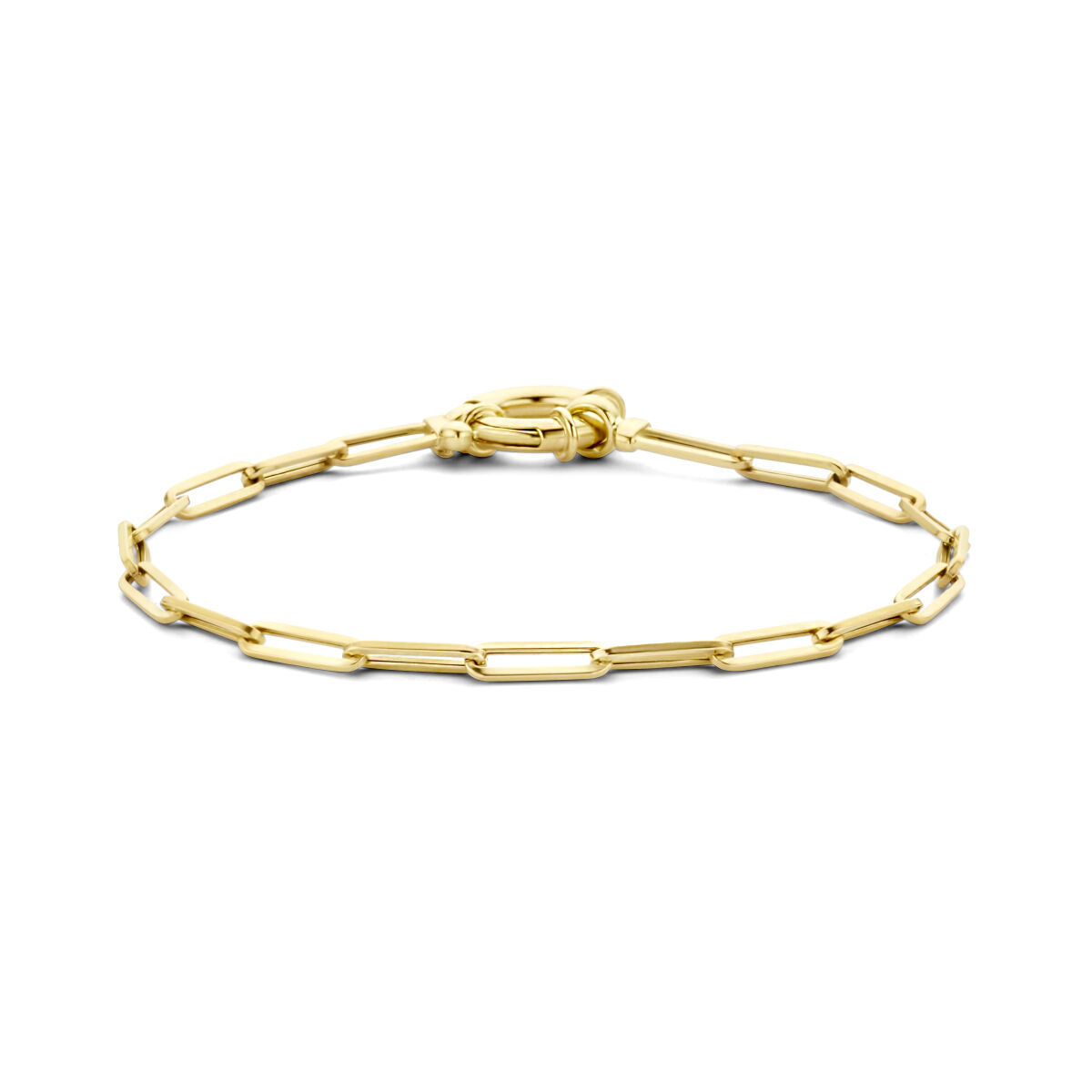 Pulsera de eslabones en forma de clip de papel, color dorado, con cierre grande de 14K.