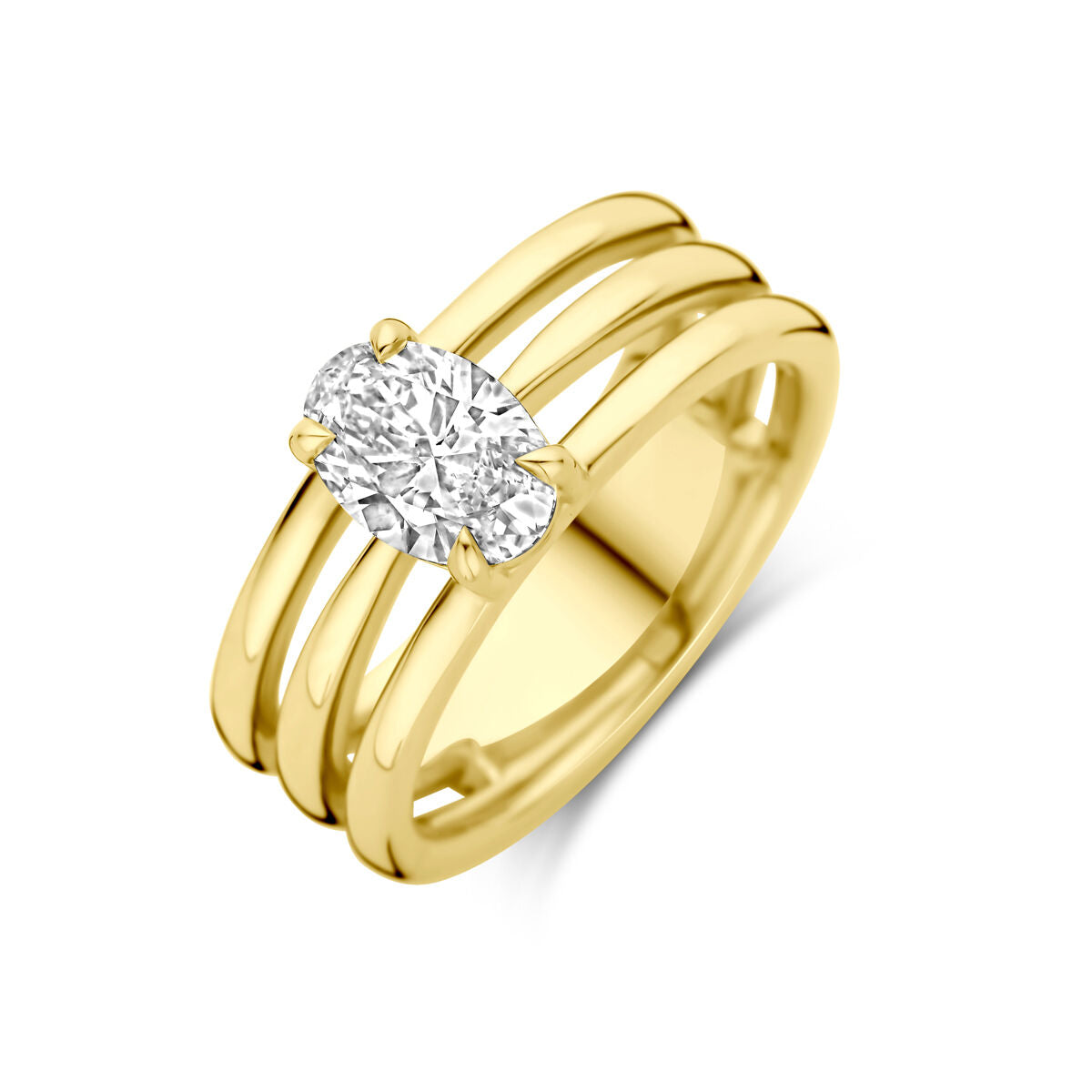 Anillo de dama de oro amarillo de 14k con un diamante lab-grown ovalado de 1.00 ct.