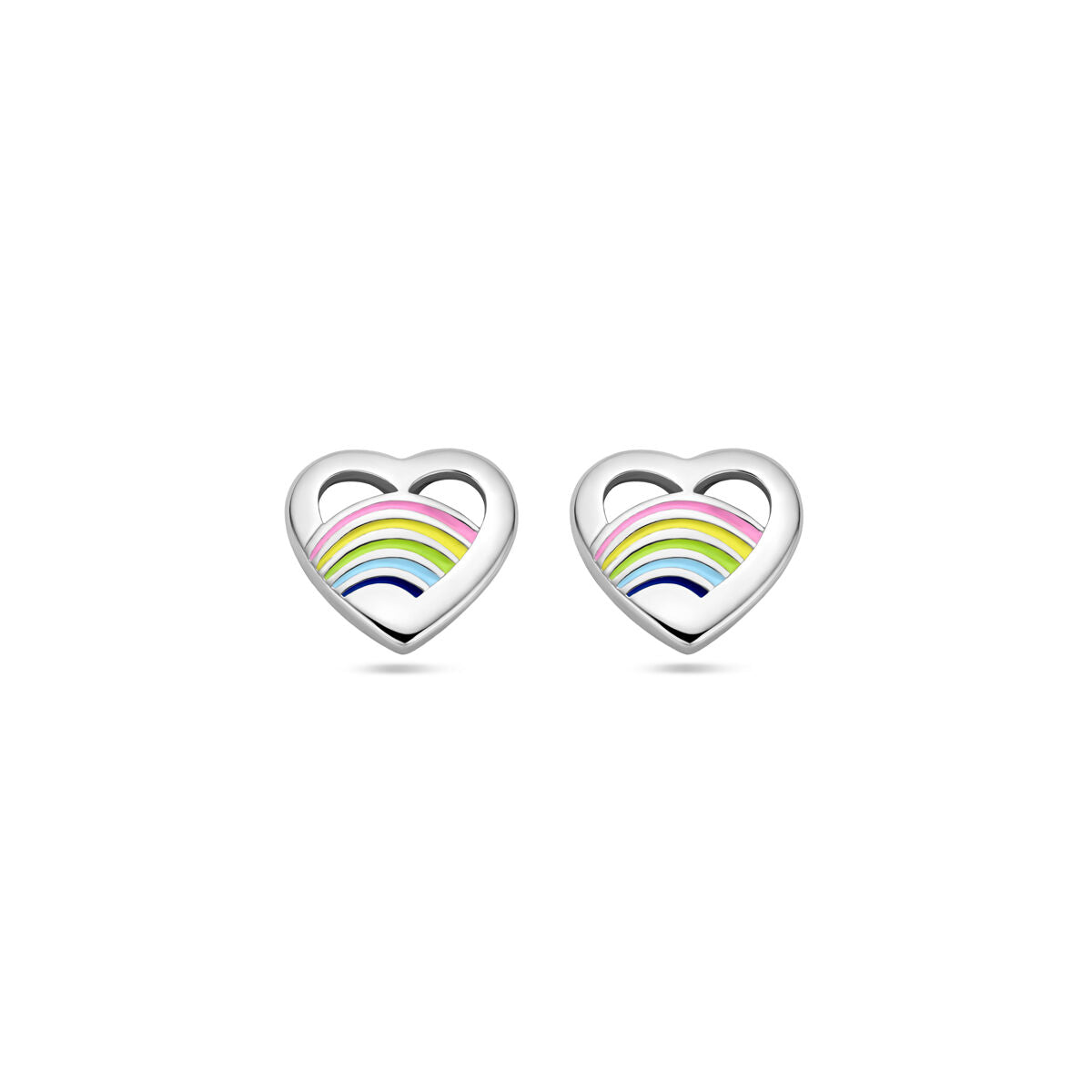 Pendientes de corazón de esmalte con acabado en plata rodiada y detalles de colores.