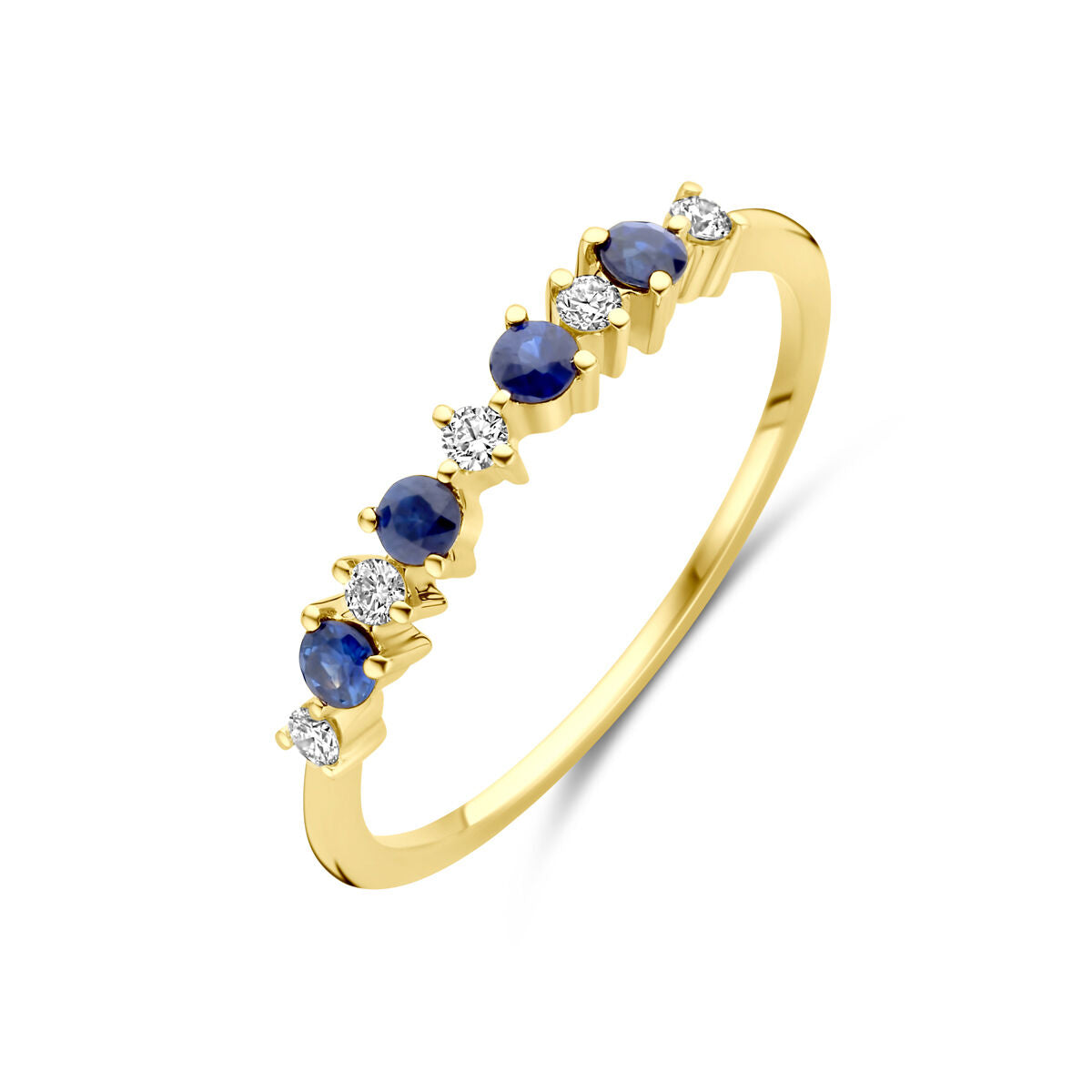 Anillo de oro amarillo de 14K con zafiros azules y diamantes de 0.08ct.