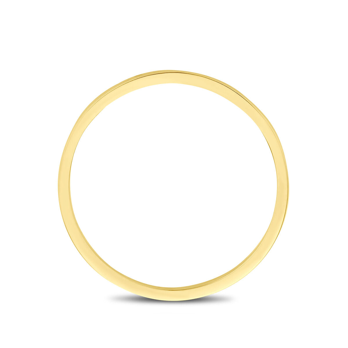Een strakke, dunne ring 14K geelgoud van Van der Kooij Collectie staat rechtop op een witte achtergrond en werpt daaronder een zachte schaduw.
