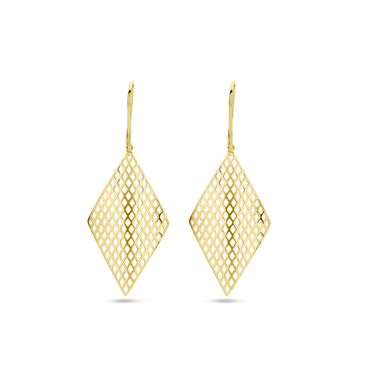 Pendientes largos de oro amarillo con forma de rombo y diseño de rejilla.
