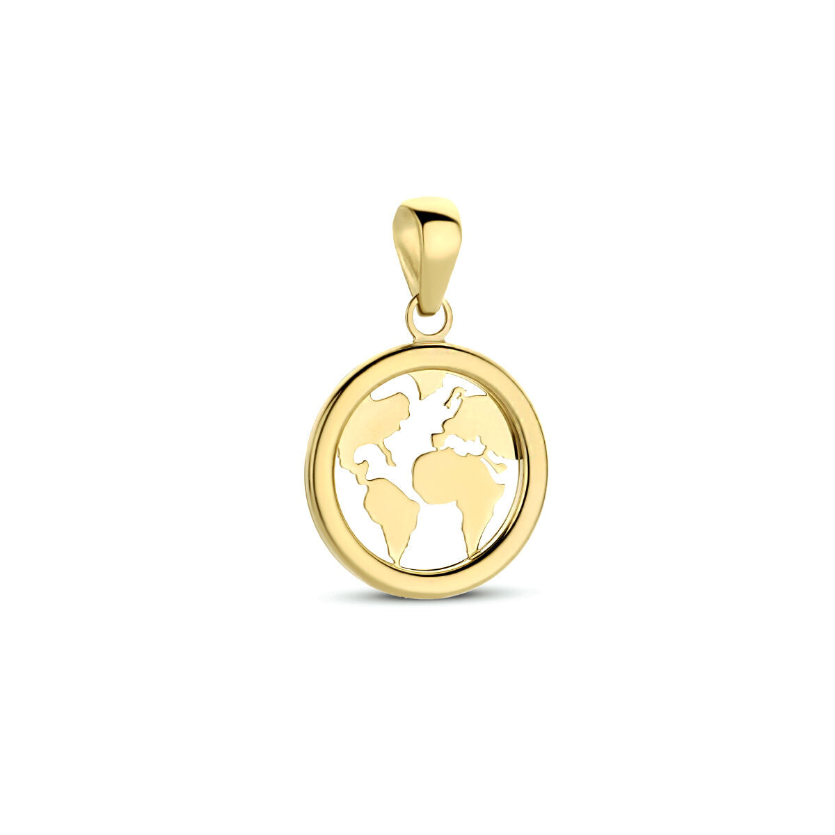 Colgante de mundo en oro amarillo de 14 quilates con diseño detallado del globo terráqueo.