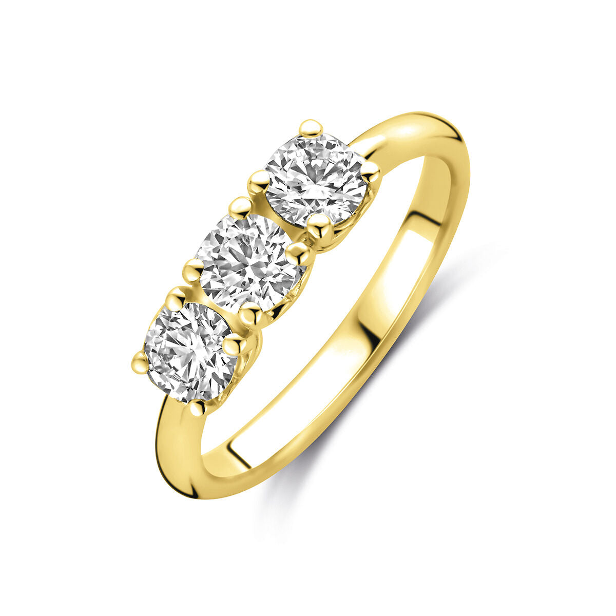 Anillo de dama de oro amarillo de 14k con tres diamantes lab-grown de 0.90 ct.