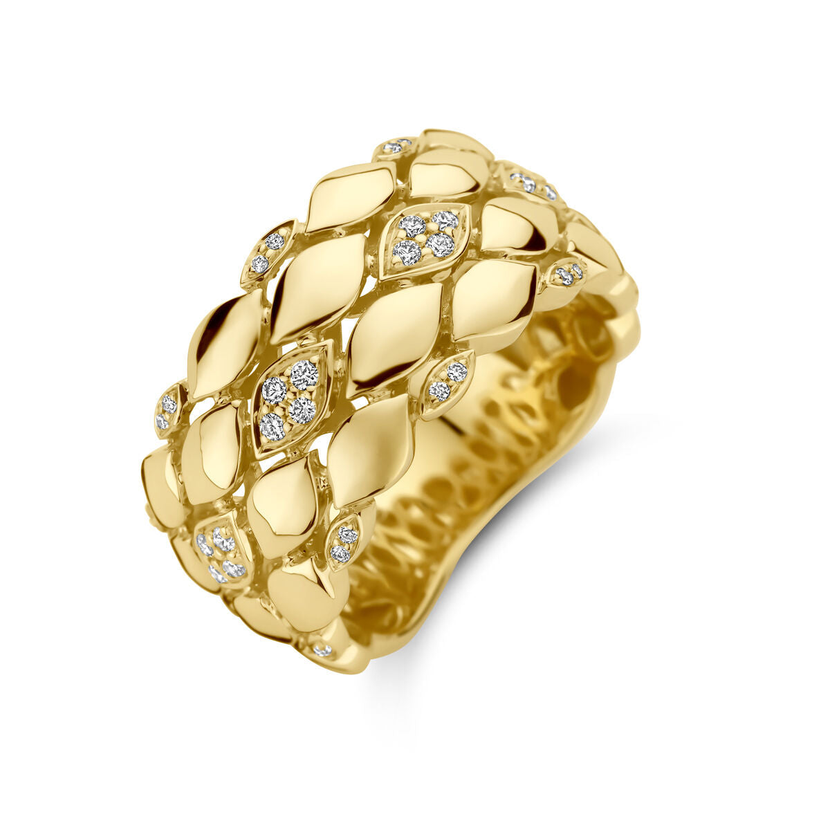 Anillo de oro amarillo de 14 quilates con diamantes de 0.17 ct, diseño trenzado y brillante.